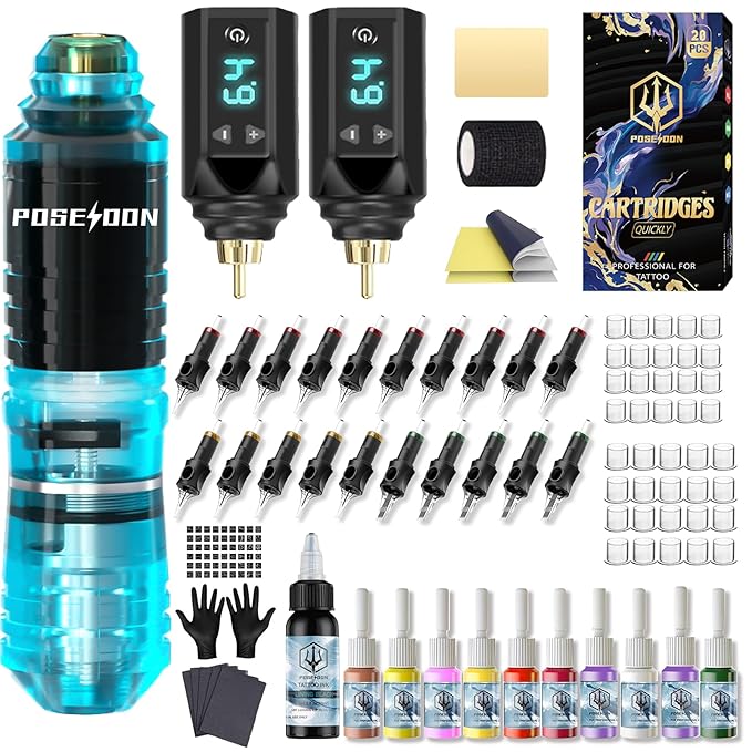 POSEIDON Cordless Tattoo Pen Kit with 2 1500mAh Batteries