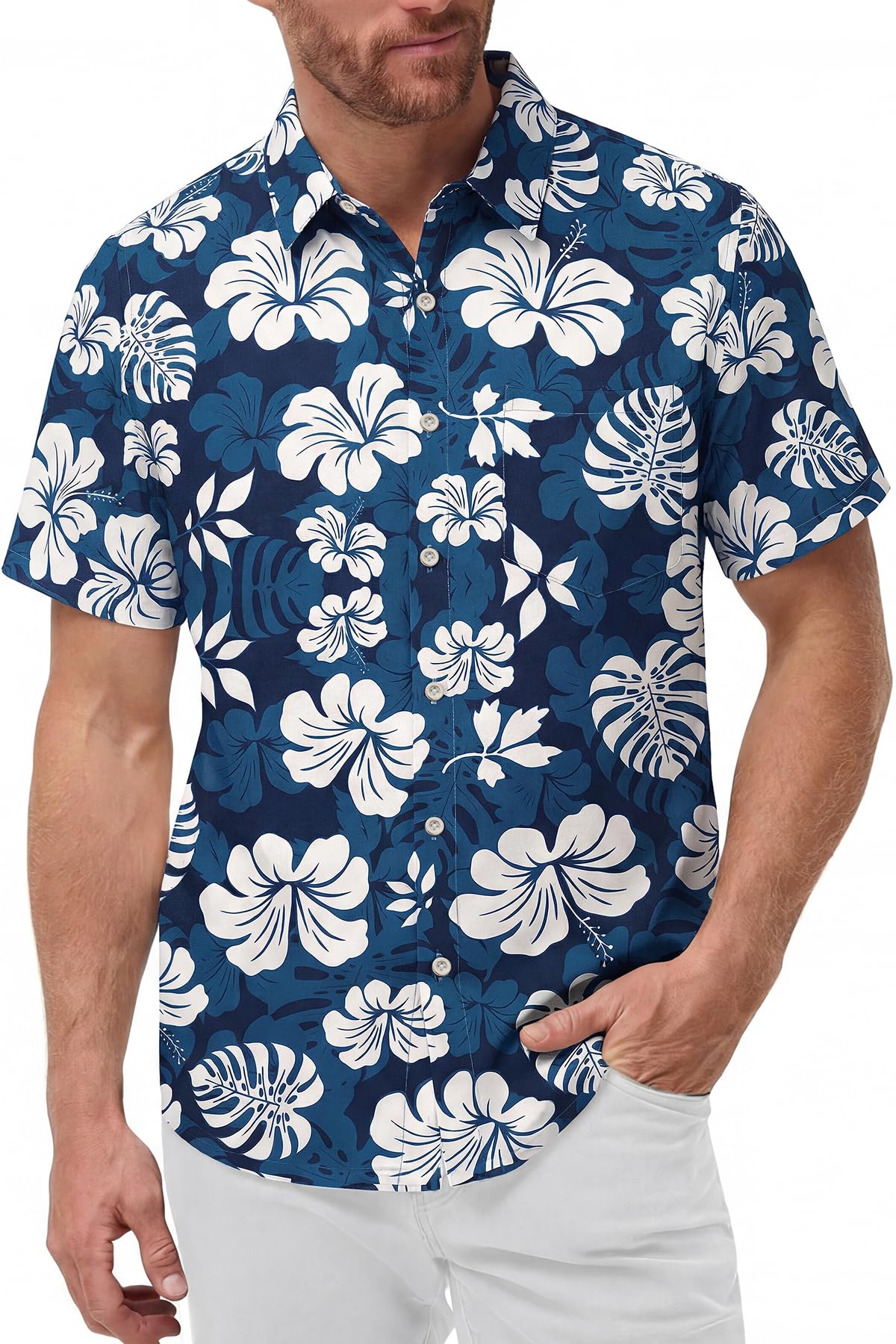 KYKU Mens Hawaiian Shirts Short Sleeve Button Down Summer Vacation Beach Shirts, Pleated Back, with Pocket