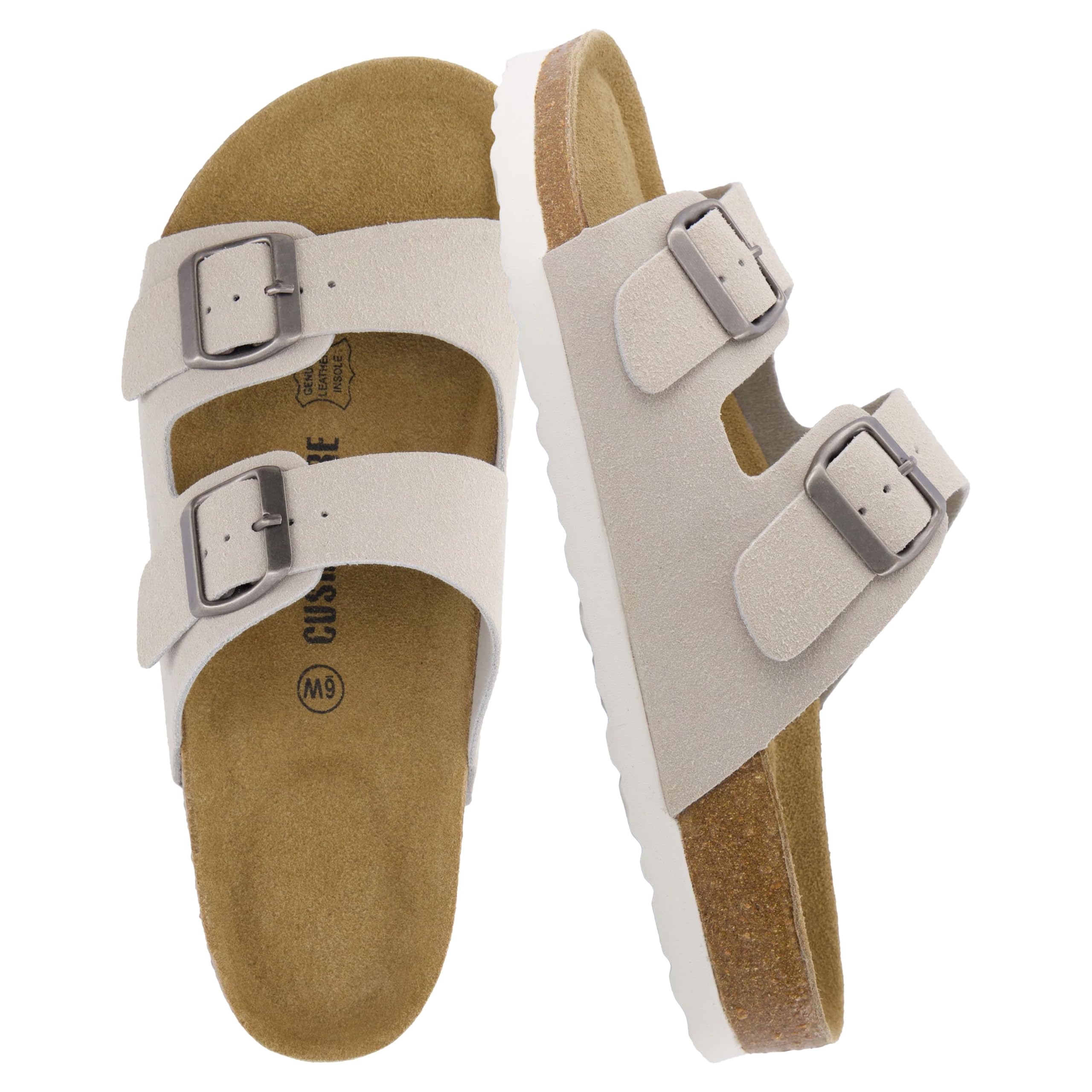 CUSHIONAIRE Lane Cork Footbed Sandals for Women – Comfortable Double Buckle Slip-On with Genuine Suede Footbed & Arch Support Slides for Women Footwear