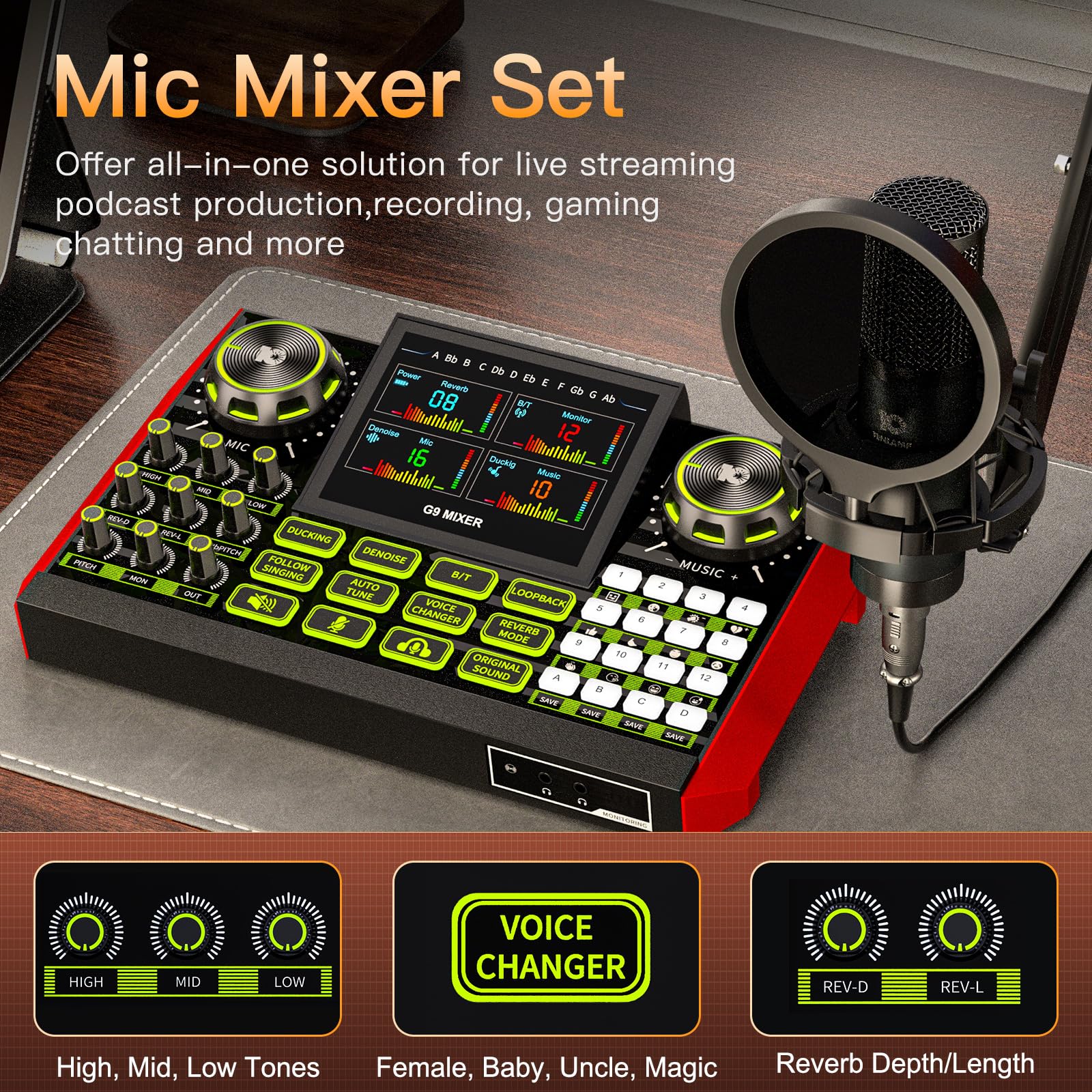 G9 Podcast Equipment Bundle,Audio Mixer Sound Board Live Sound Card,Podcast Microphone Bundle with 3.5mm Condenser Mic for PC & Phone,Podcasting,Live Streaming,Singing,Gaming,Voice Changer,Dj Set