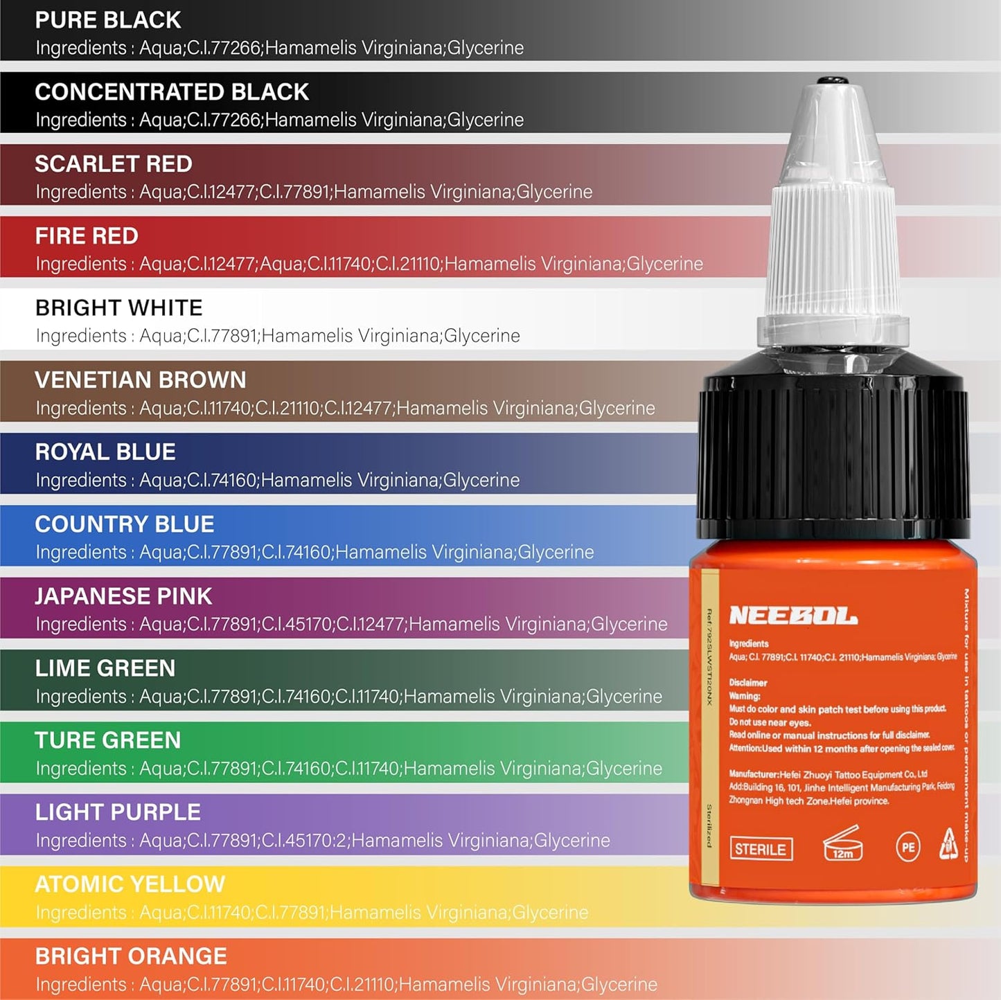 Neebol Tattoo Ink Set 14 Colors Professional Pigment 0.5 fl oz