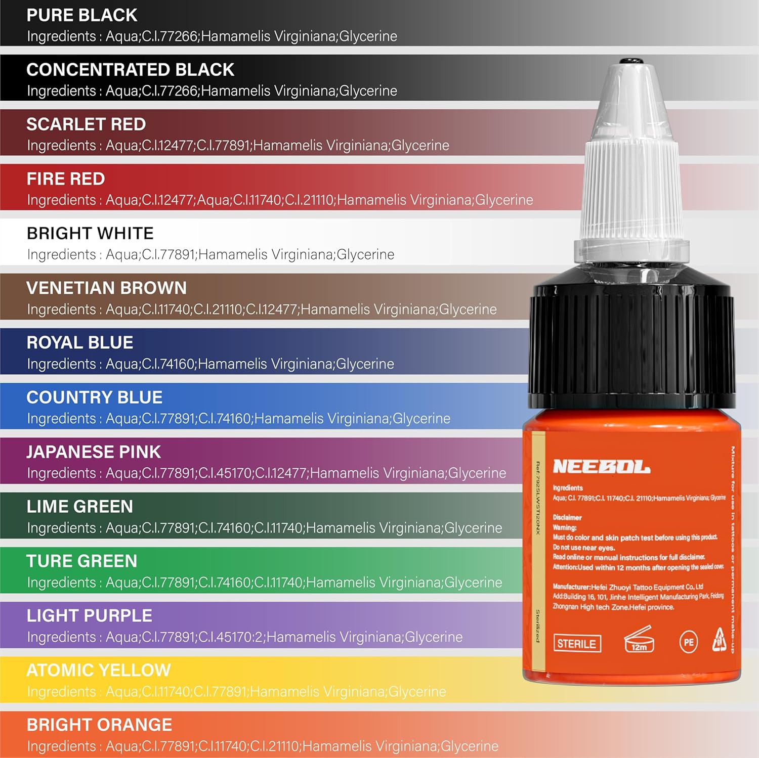 Neebol Tattoo Ink Set 14 Colors Professional Pigment 0.5 fl oz