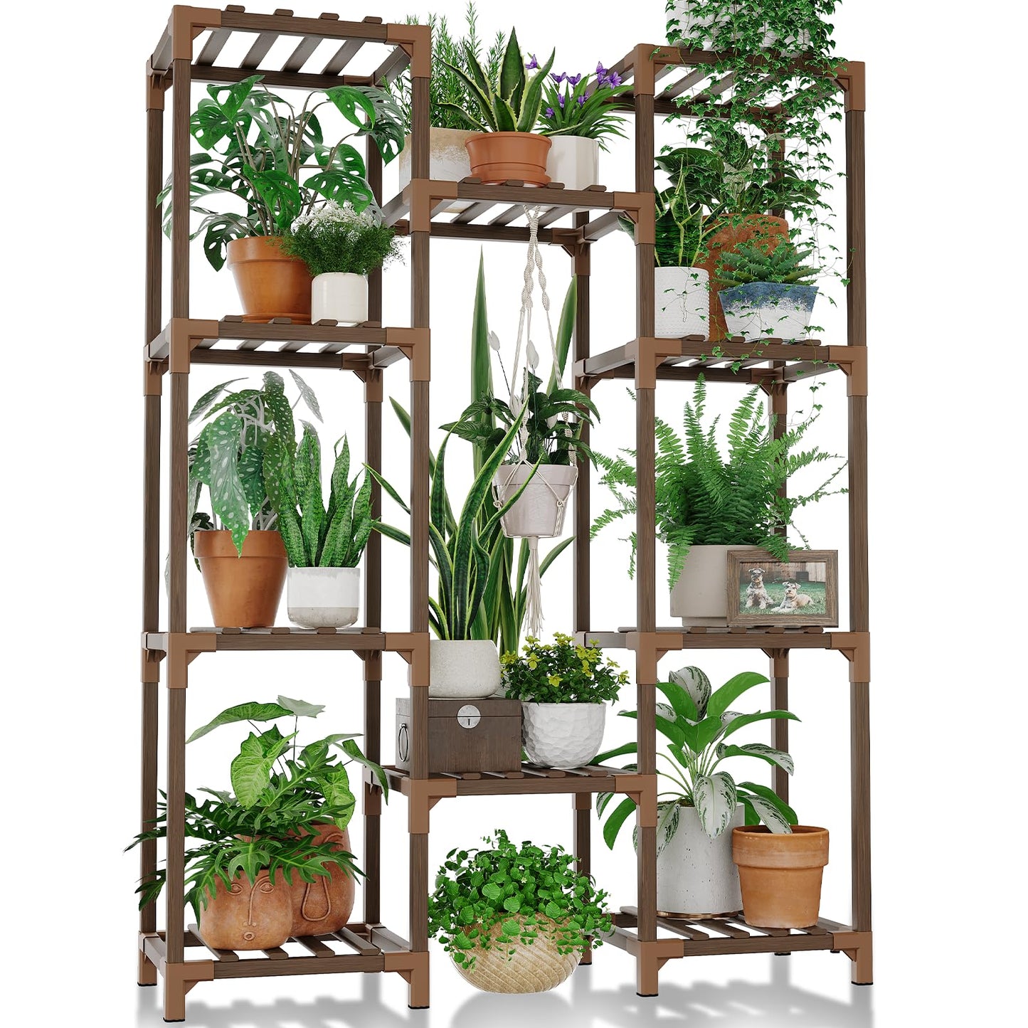 Bamworld Wood Plant Stand - Indoor/Outdoor Hanging Shelf for Multiple Plants, Tall Large Holder for Living Room, Patio, Balcony, Garden 02Futi