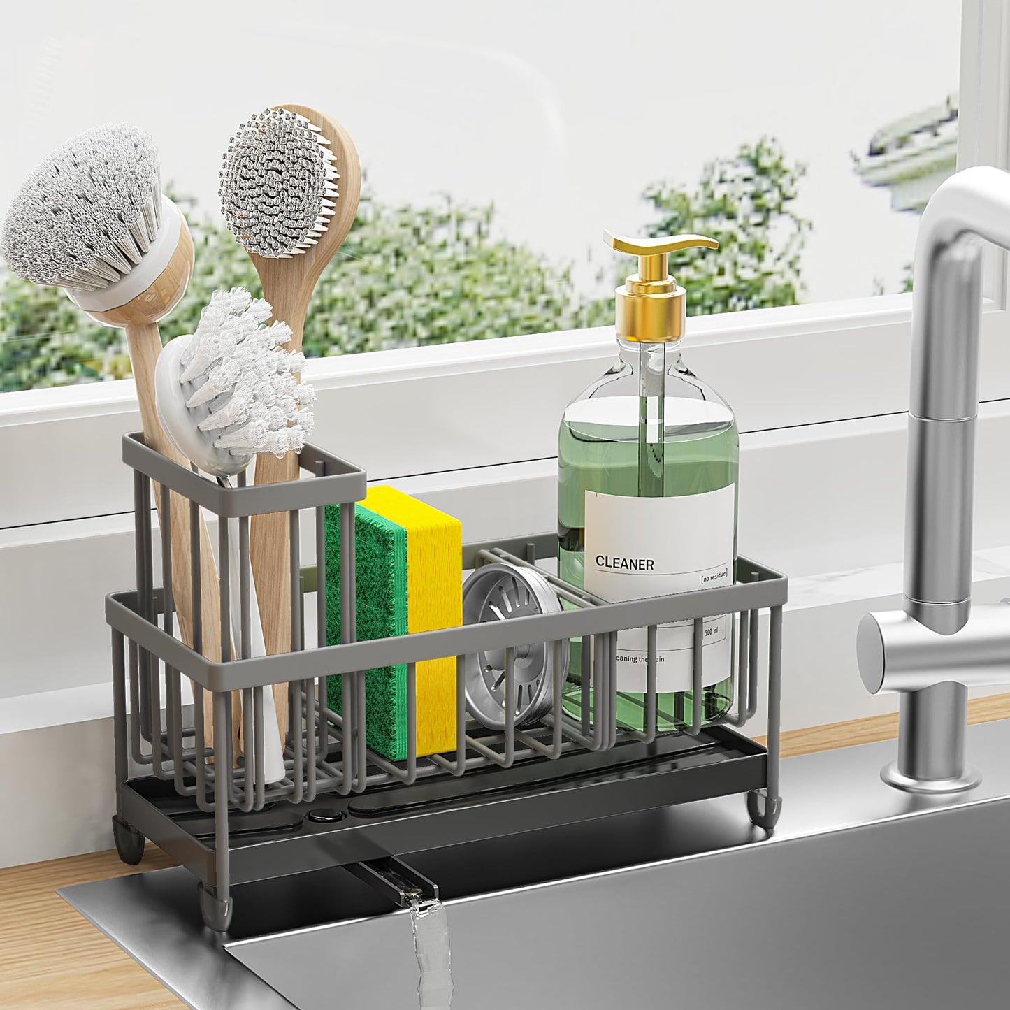 Cisily Sponge Holder for Kitchen Sink, Sink Caddy Organizer with High Brush Holder, Kitchen Countertop Organizers and Storage Essentials, Rustproof 304 Stainless Steel
