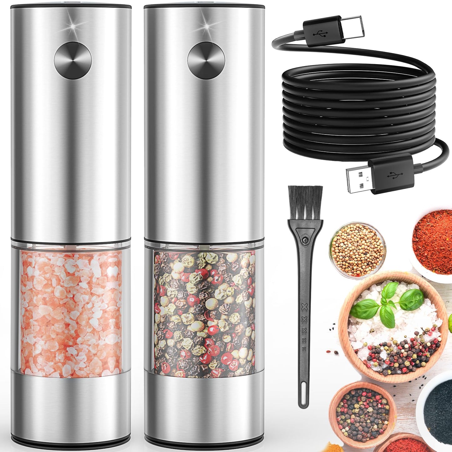 Electric Salt and Pepper Shakers Set Rechargeable with LED Light, Adjustable Coarseness Lidaop Large Capacity Automatic Salt Pepper Mill Grinder for Kitchen, Restaurant, Outdoor