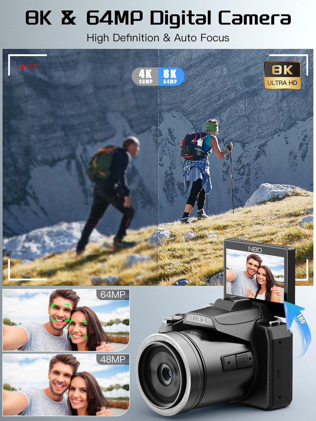 64MP 8K Cameras for Photography with 2.8" Flip Screen & Hot Shoe, 16X Zoom, WiFi, Autofocus – Vlogging Camera for YouTube, Includes 64GB Card & 2 Batteries