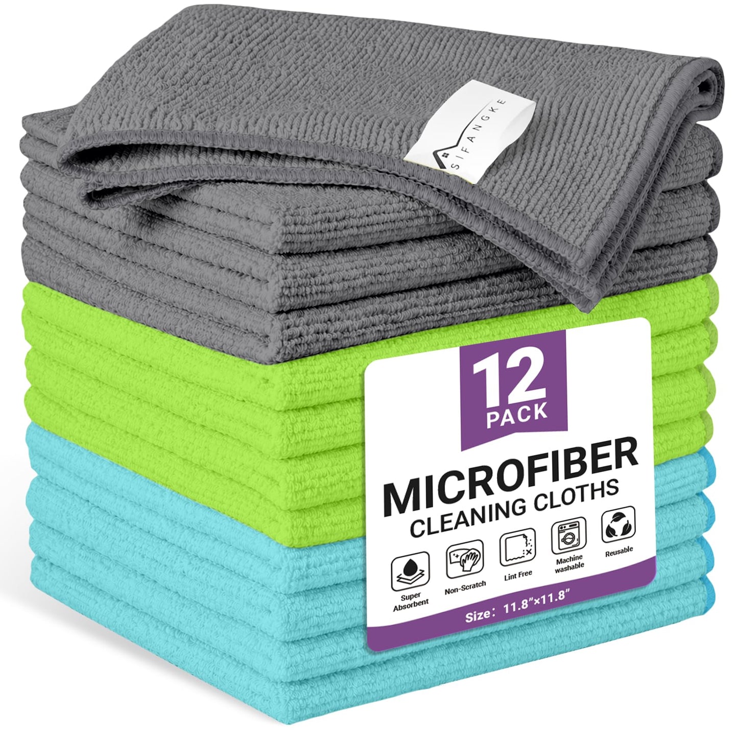 SIFANGKE Microfiber Cleaning Cloth, Lint-Free and Highly Absorbent Rags, Reusable Microfiber Towels for Car, Kitchen, Bathroom and Household Cleaning Supplies, 11.8"X11.8"