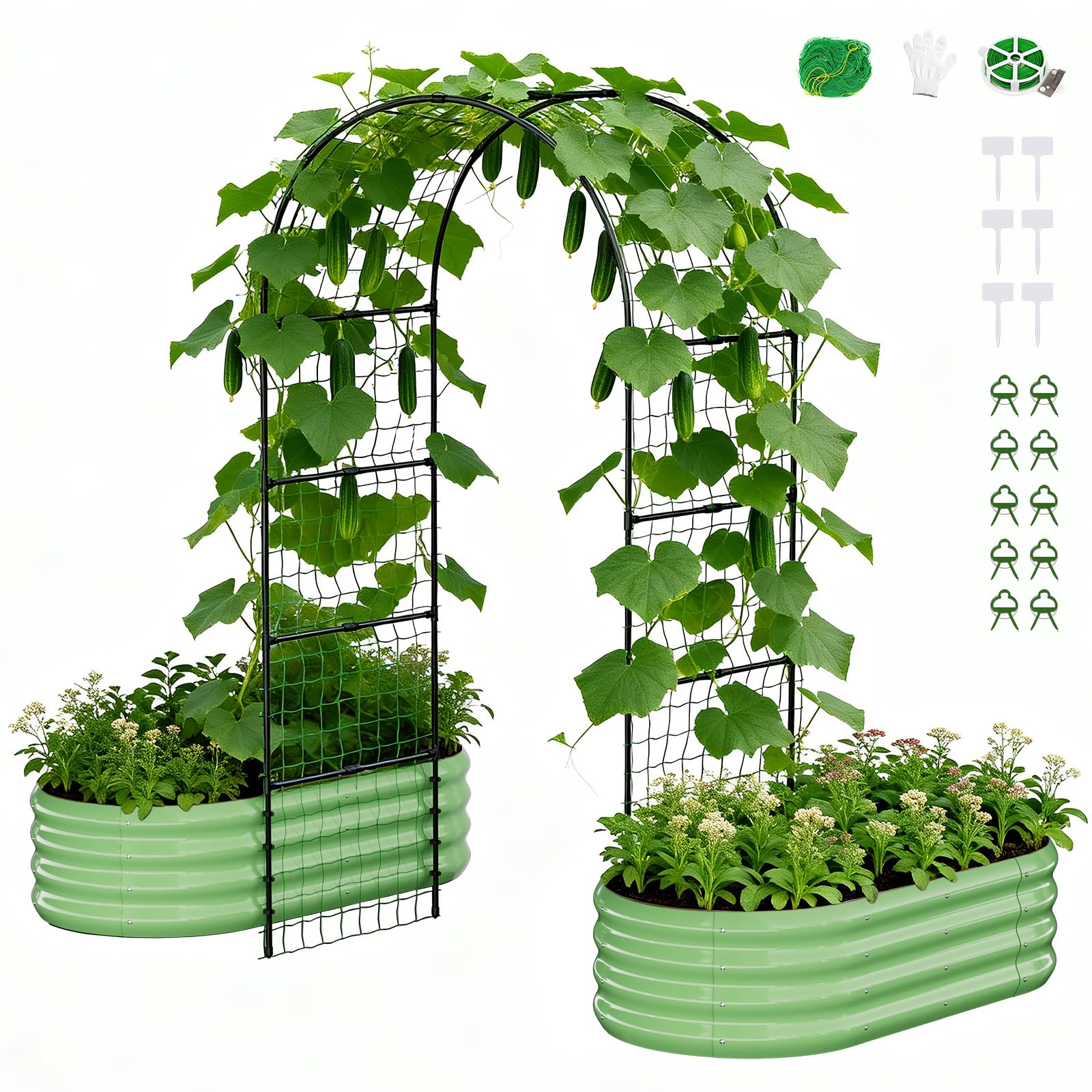 DoCred Raised Garden Bed with 87in Tall Arch Trellis for Climbing Plants, Galvanized Planter Garden Box Outdoor for Gardening, Climbing Vegetables, Flower