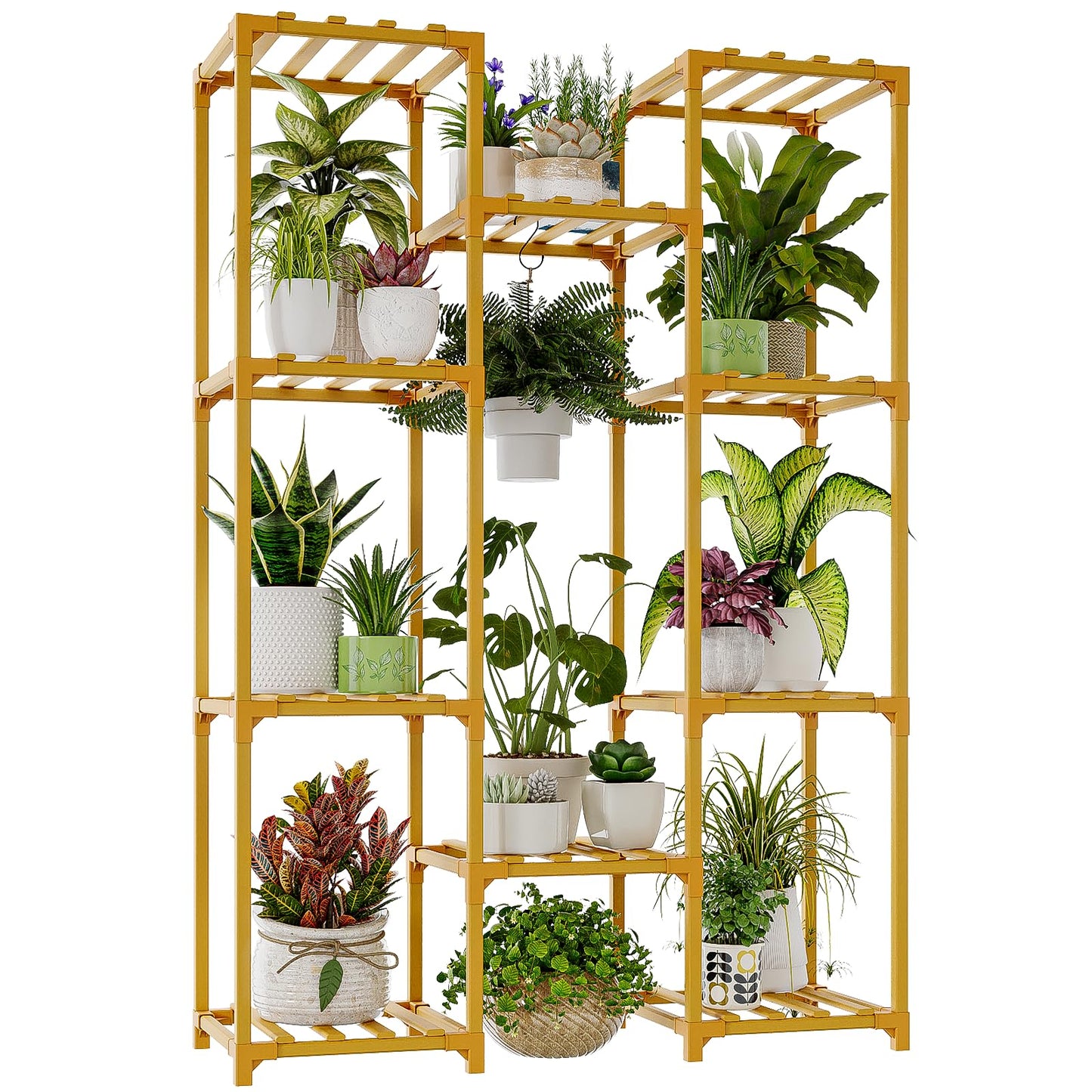 Bamworld Wood Plant Stand - Indoor/Outdoor Hanging Shelf for Multiple Plants, Tall Large Holder for Living Room, Patio, Balcony, Garden 02Futi