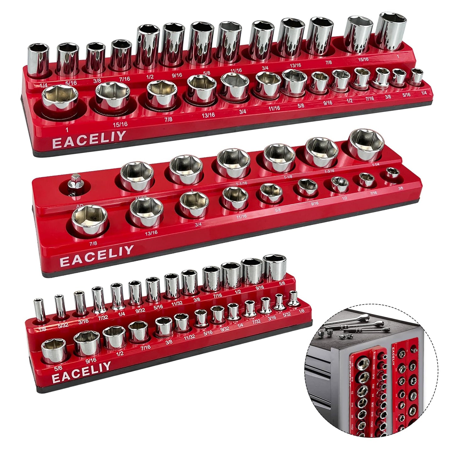 8Pcs Magnetic Socket Organizer Set, 1/2", 1/4" and 3/8" SAE & Metric Deep & Shallow Socket Holder Kit, Socket Trays,holds 199pcs Sockets (sockets not included)