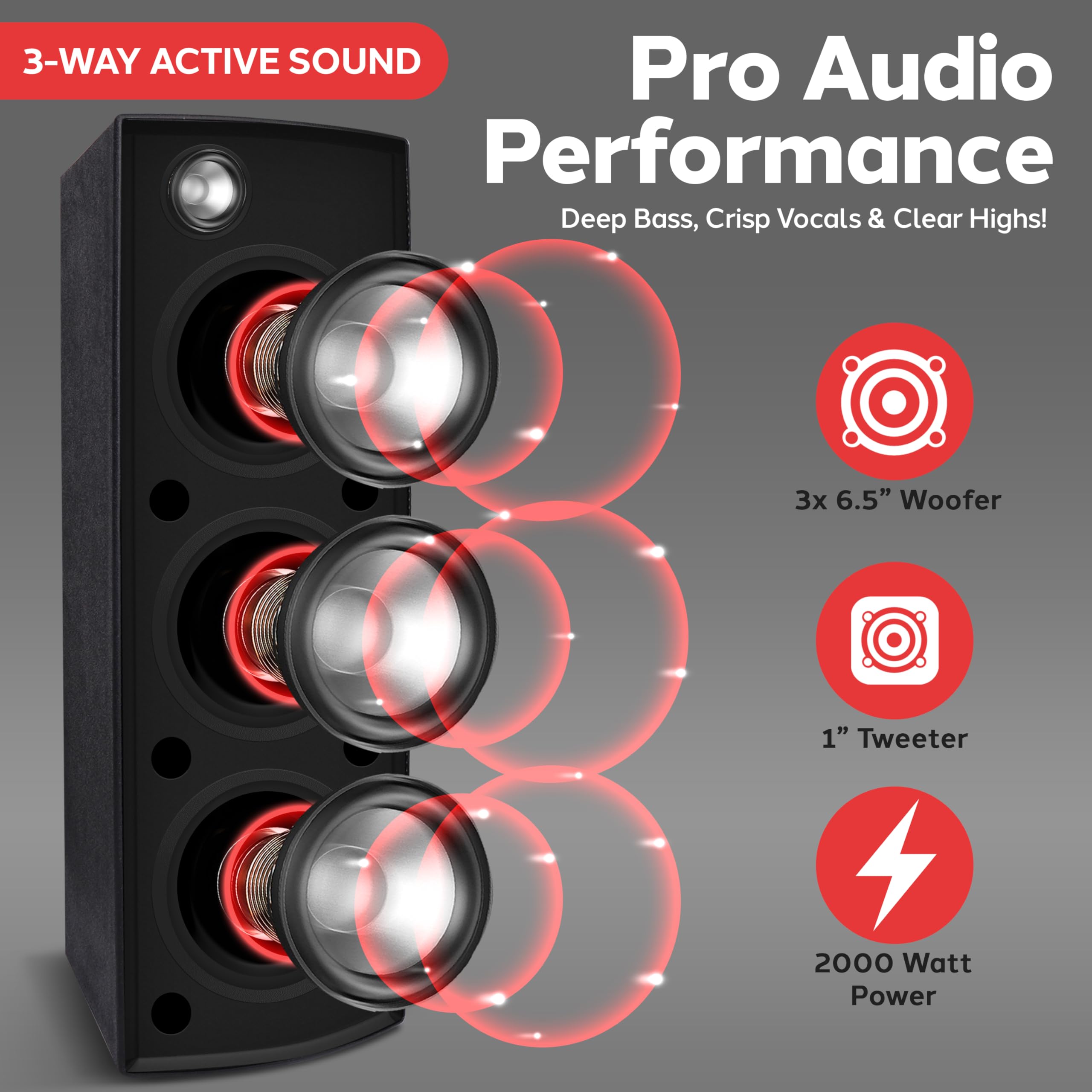 Pyle 2000W Bluetooth PA Speaker System - Active & Passive Outdoor Party Speaker w/ Built-In Party LED Lights & FM Radio - USB/AUX/XLR/RCA/SD Inputs - Includes 2x Tripod Stands & Remote Control