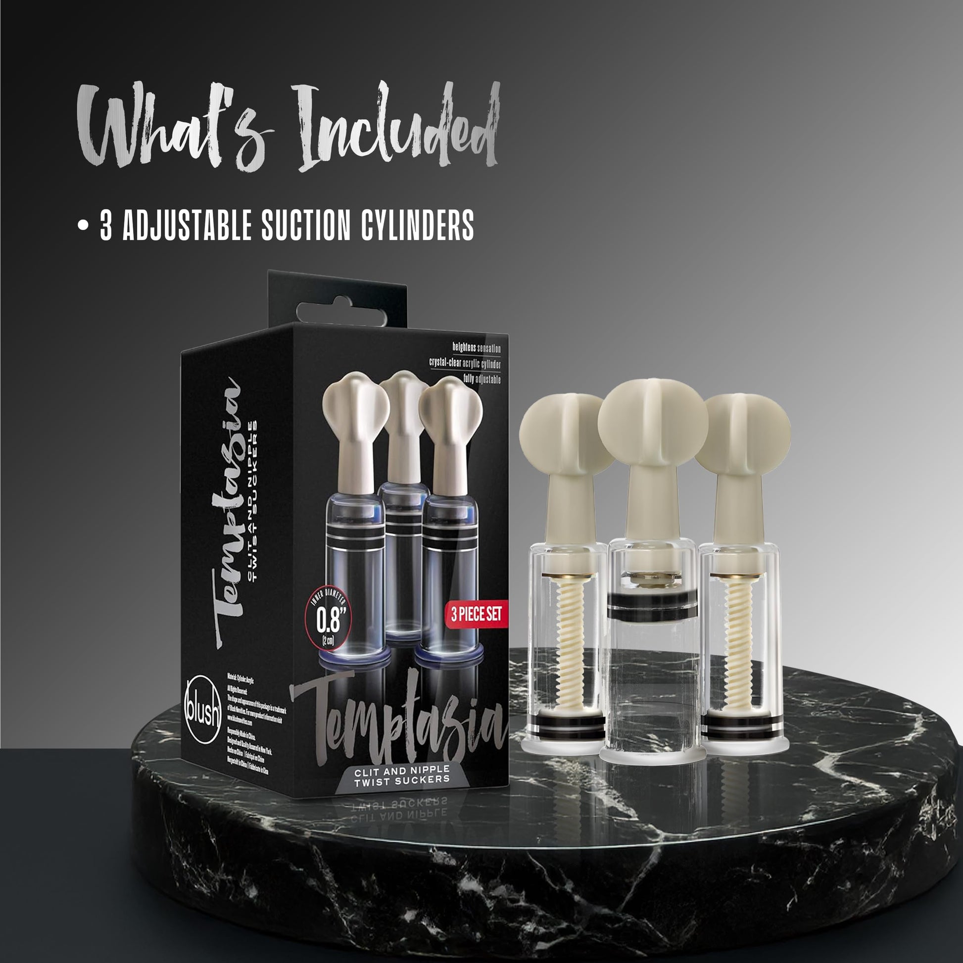 Blush Novelties Temptasia Clit & Nipple Twist Suckers, Set of 3 Adjustable Suckers, Twist to Increase Vacuum, Heighten Sensitivity & Arousal - 1.25" Width Durable Acrylic Cylinders - Sex Toy for Women