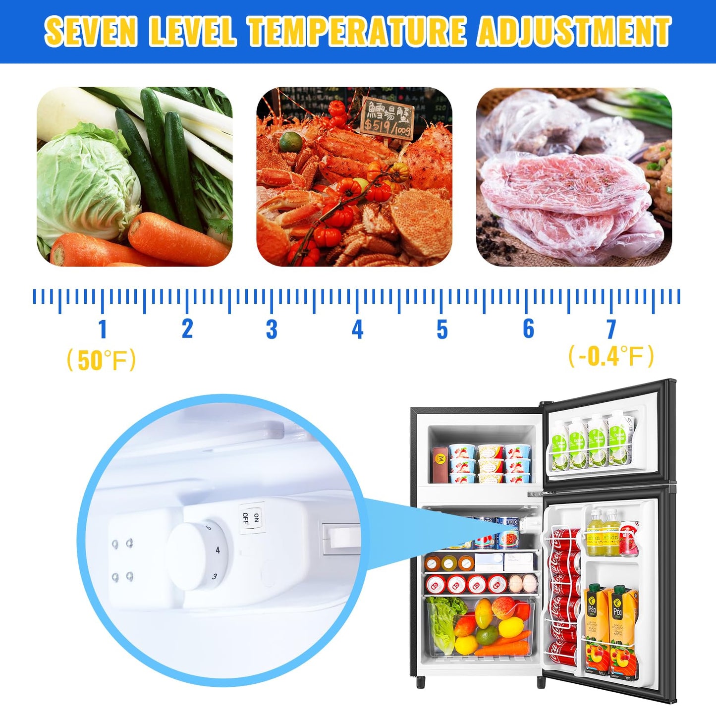 WANAI 3.5 Cu.Ft Mini Fridge With Freezer Compact Refrigerator with Freezer,7 Level Adjustable Thermostat Removable Shelves Small Refrigerator for Office Dorm Apartment