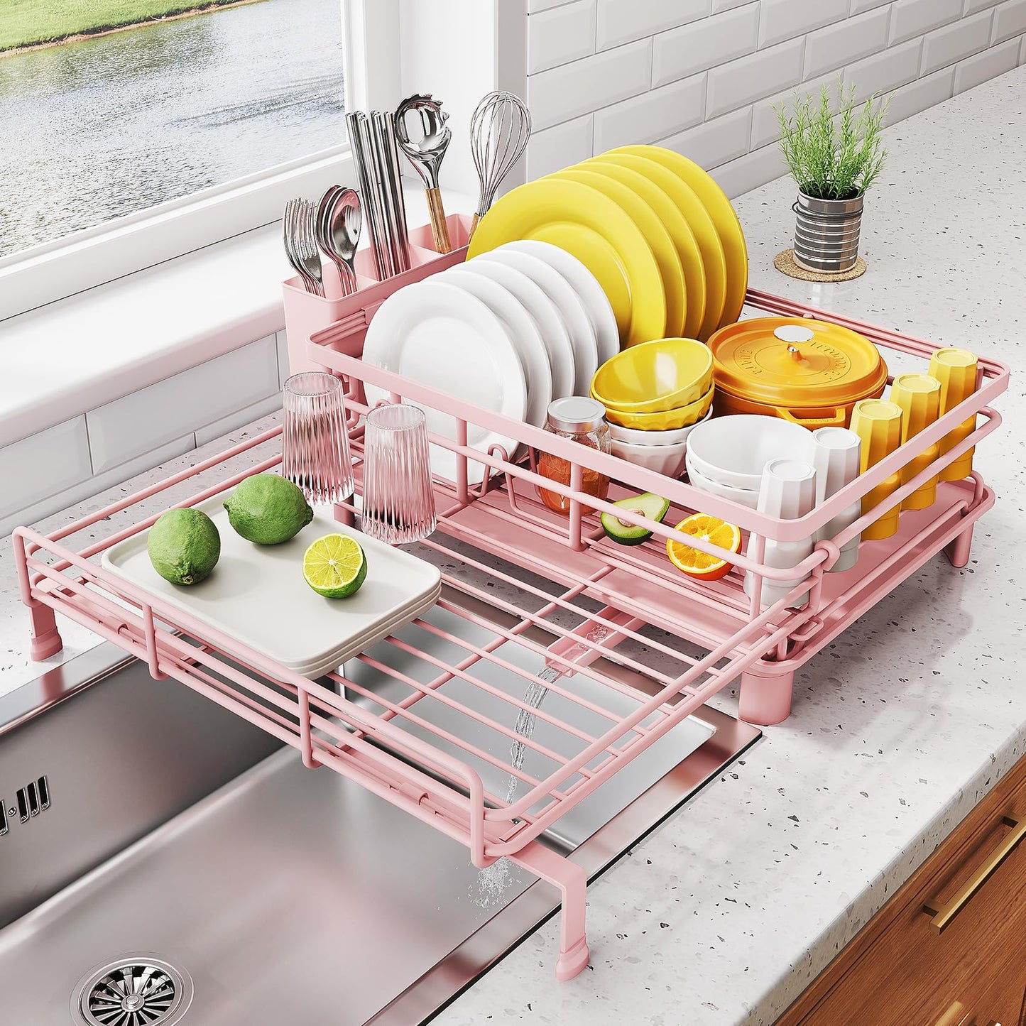 Dish Drying Rack - Extendable Dish Rack, Large Sink Drying Dish Drainer for Kitchen Counter, Stainless Steel Dish Strainer with Utensil Holder