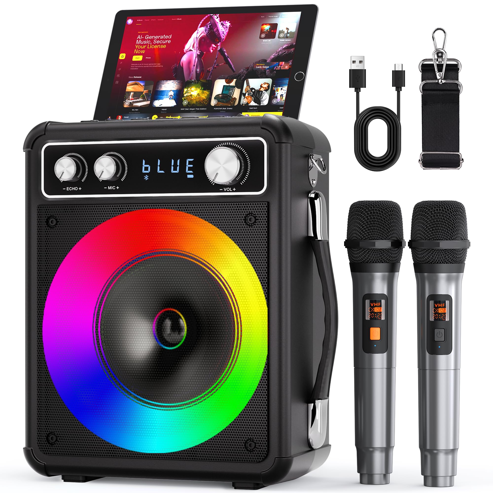 VOSOCO Karaoke Machine, Portable Bluetooth Speaker with 2 Wireless Microphones, PA System for Adults Kids with LED Lights, Supports TWS/FM/AUX/USB/TF for Home Party