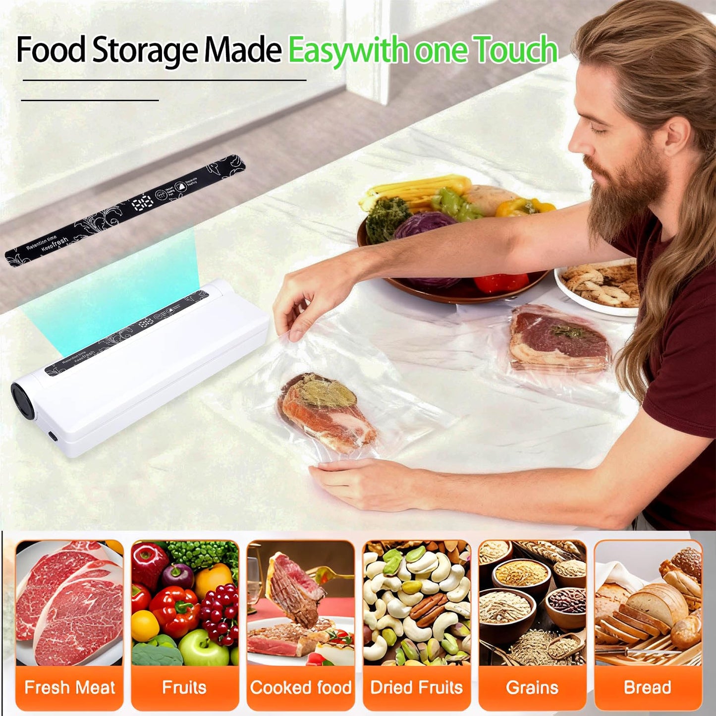 Food Vacuum Sealer Machine,Dry/Wet Modes,75KPA Strong Suction,Compact Household Vacuum Sealer,Digital Countdown Timer,Includes 20 Vacume Sealed Bags,for Home Kitchen Use,Restaurant Food Storage