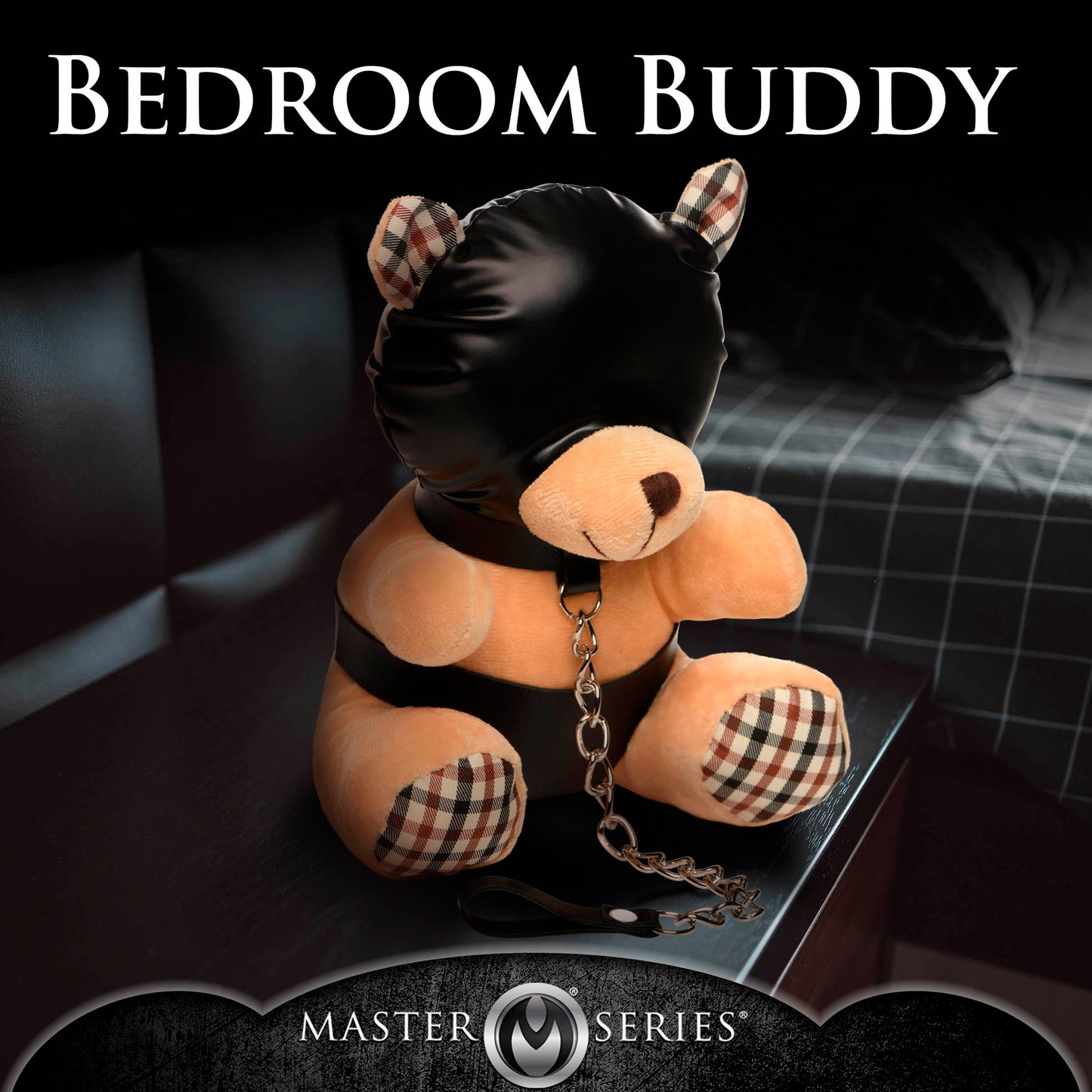 MASTER SERIES Hooded Bondage Bear for Men, Women & Couples. Soft, BDSM Themed Teddy Bear Stuffed Animal Medium. Cute and Sexy Gift. 1 Piece, Beige and Black.