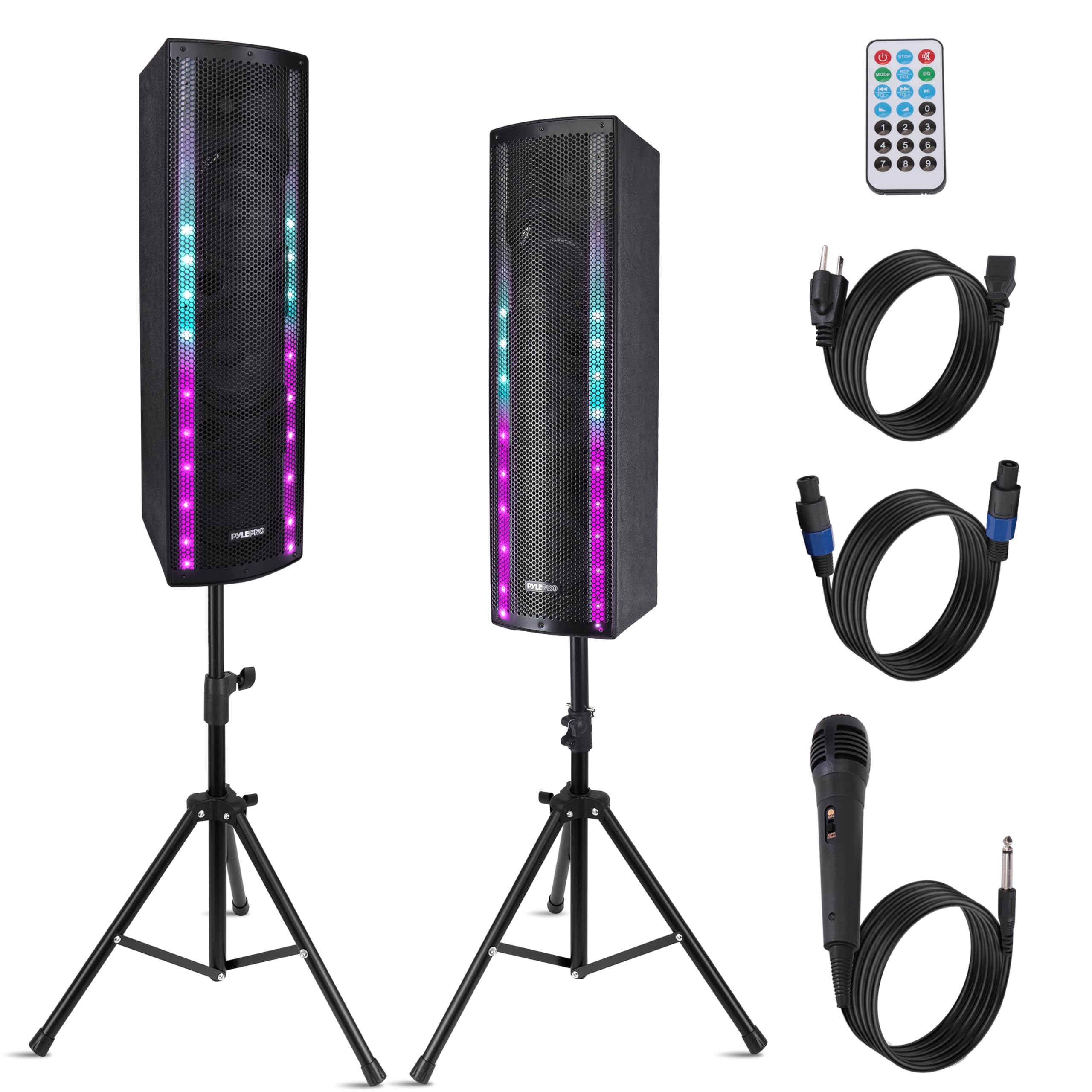 Pyle 2000W Bluetooth PA Speaker System - Active & Passive Outdoor Party Speaker w/ Built-In Party LED Lights & FM Radio - USB/AUX/XLR/RCA/SD Inputs - Includes 2x Tripod Stands & Remote Control