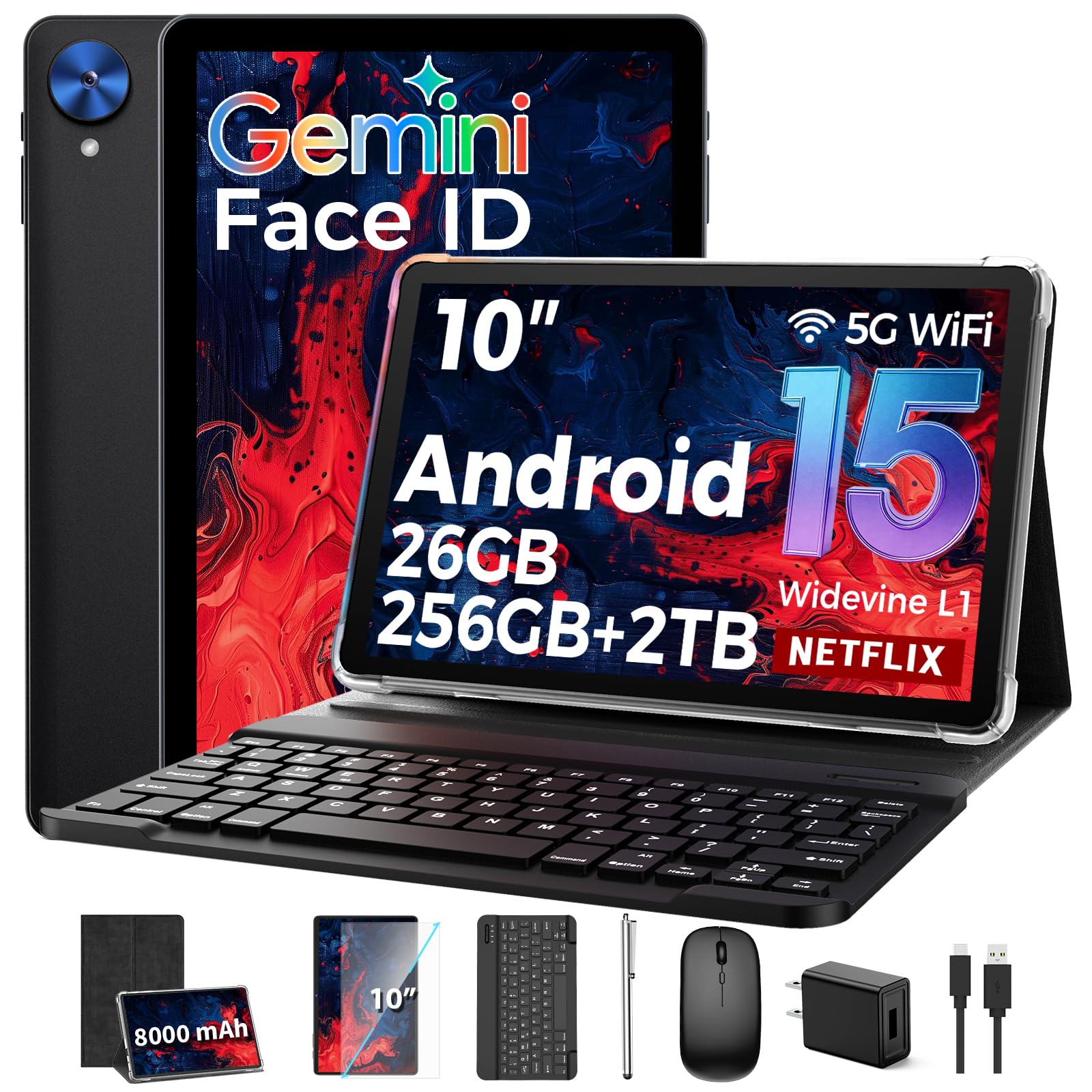 VisuPad Tablet with Keyboard, 2026 Android 15 Tablet with 26GB+256GB+2TB Expand, 10 Inch Tablet PC with 8-Core, Gemini AI, 5G WiFi, 8000mAh, BT5.0, GPS, Electronics Tablets with Case/Mouse/Stylus