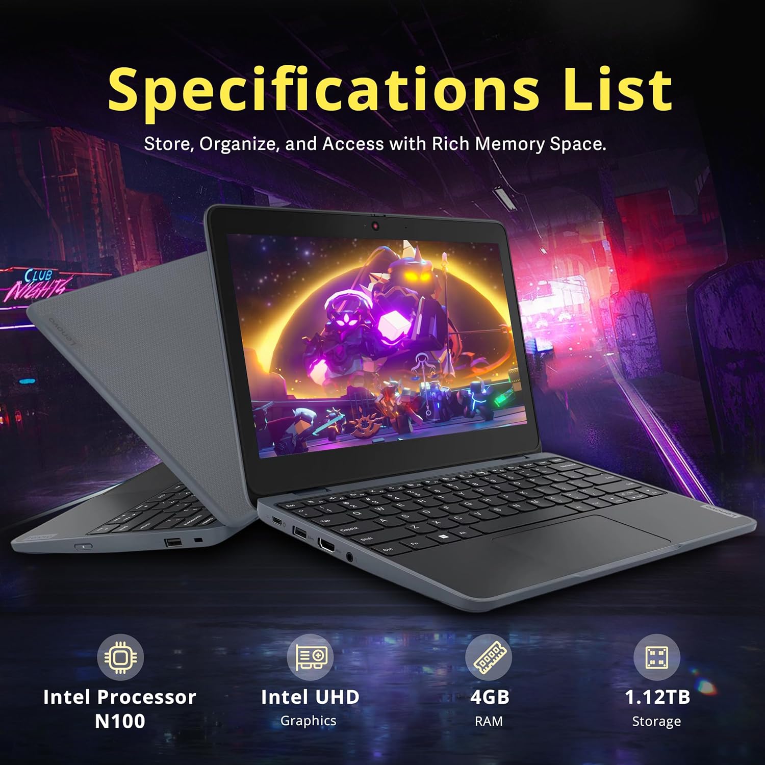 Lenovo 100w Gen 4 11.6 in HD Laptop Intel N100 Gray