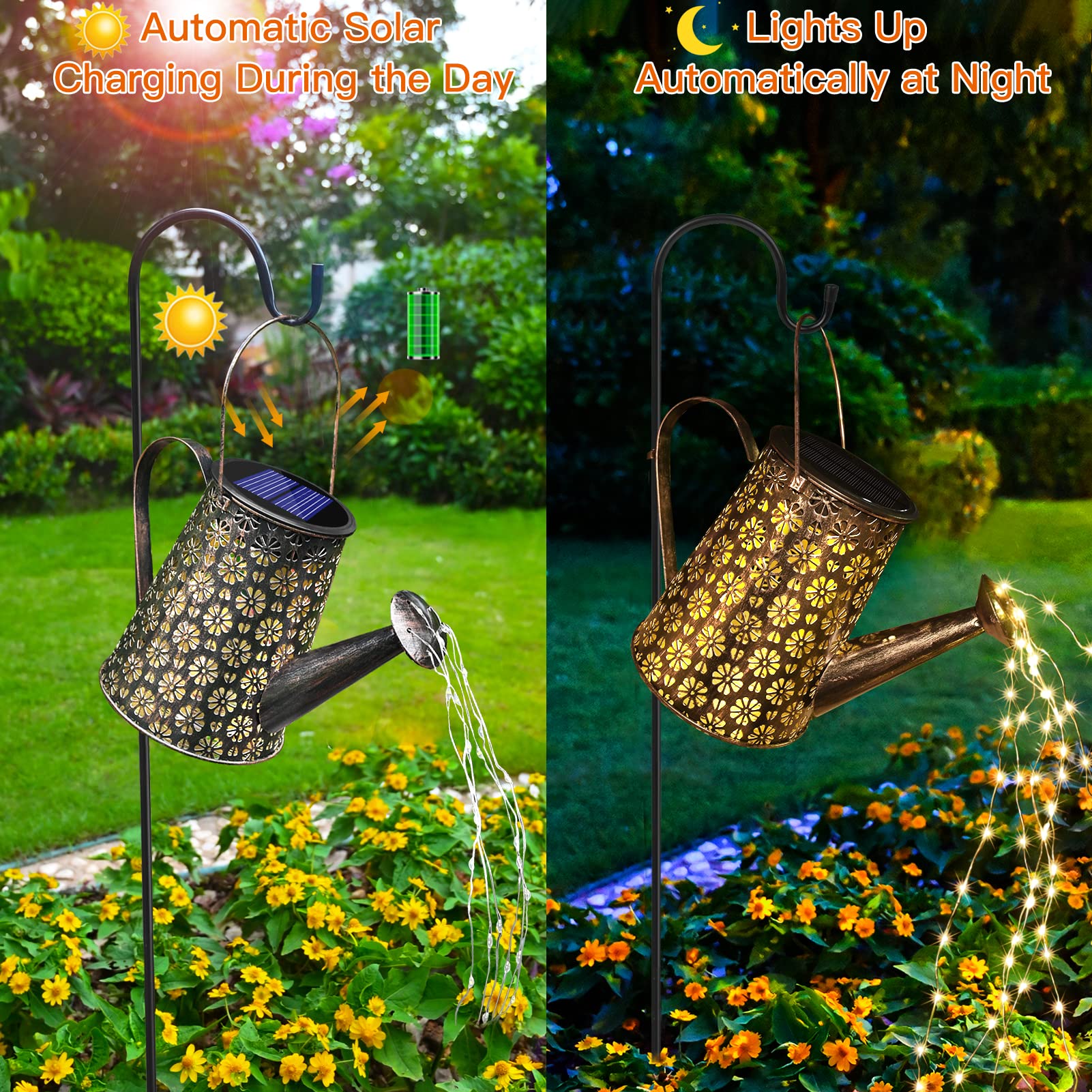 Afootry Solar Watering Can with Lights, Outdoor Garden Decor, Hanging Solar Lantern
