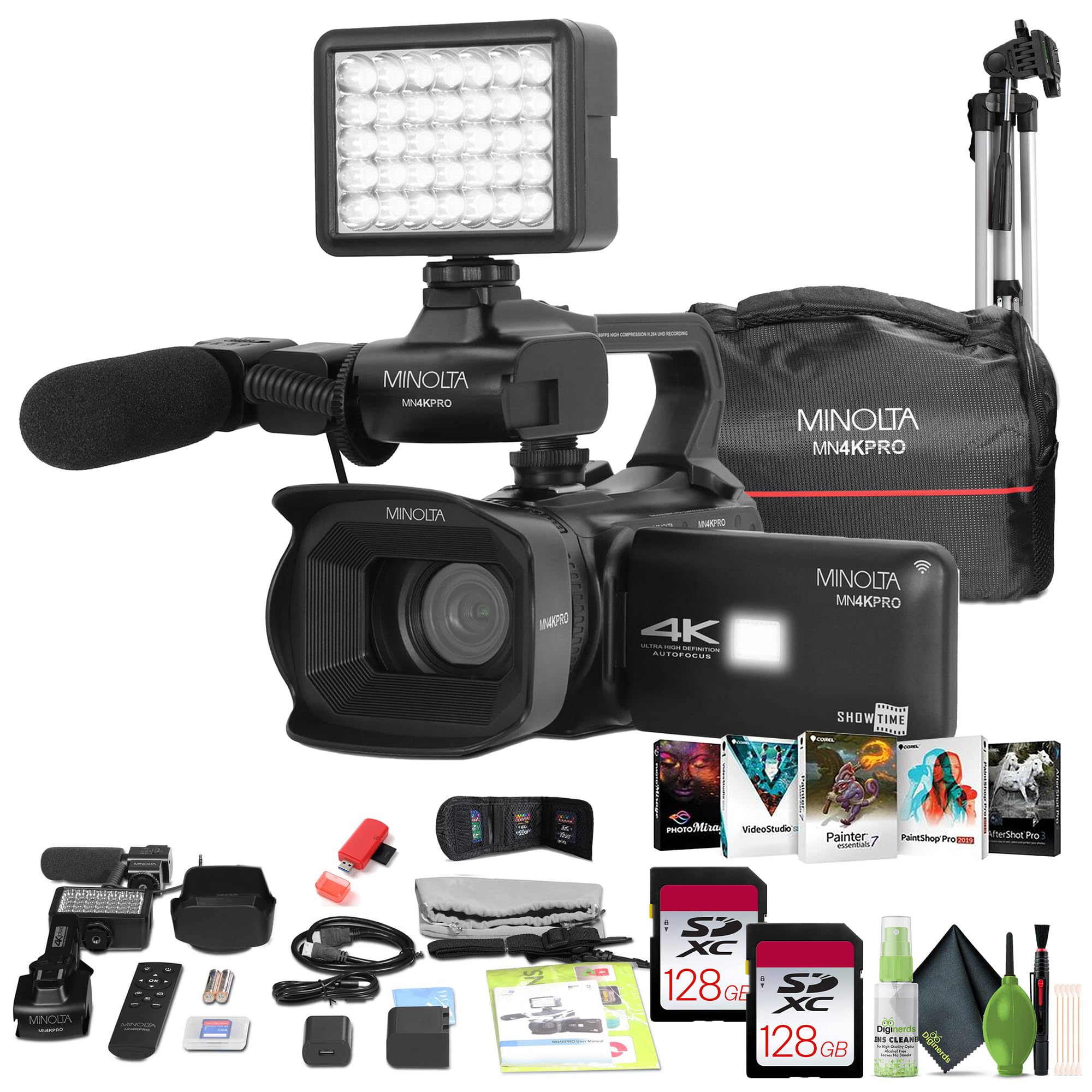 Minolta MN4KPRO 4K60FPS UHD 64 MP Autofocus Pro Camcorder Kit w/WiFi Bundle with 2X 128GB Memory Card + 72" Camera Tripod + USB Card Reader, SD/microSD + Corel Photo, Video, & Art Suite Deluxe