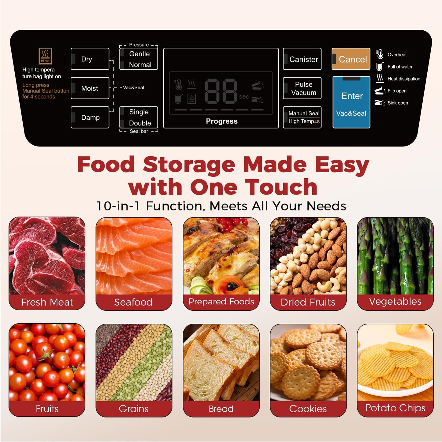 Vacuum Sealer for Food, 10 Modes 95KPa vacuum sealer for Wet/Dry Food, Automatic Food Vacuum Sealer Machine with Double Seal Strip