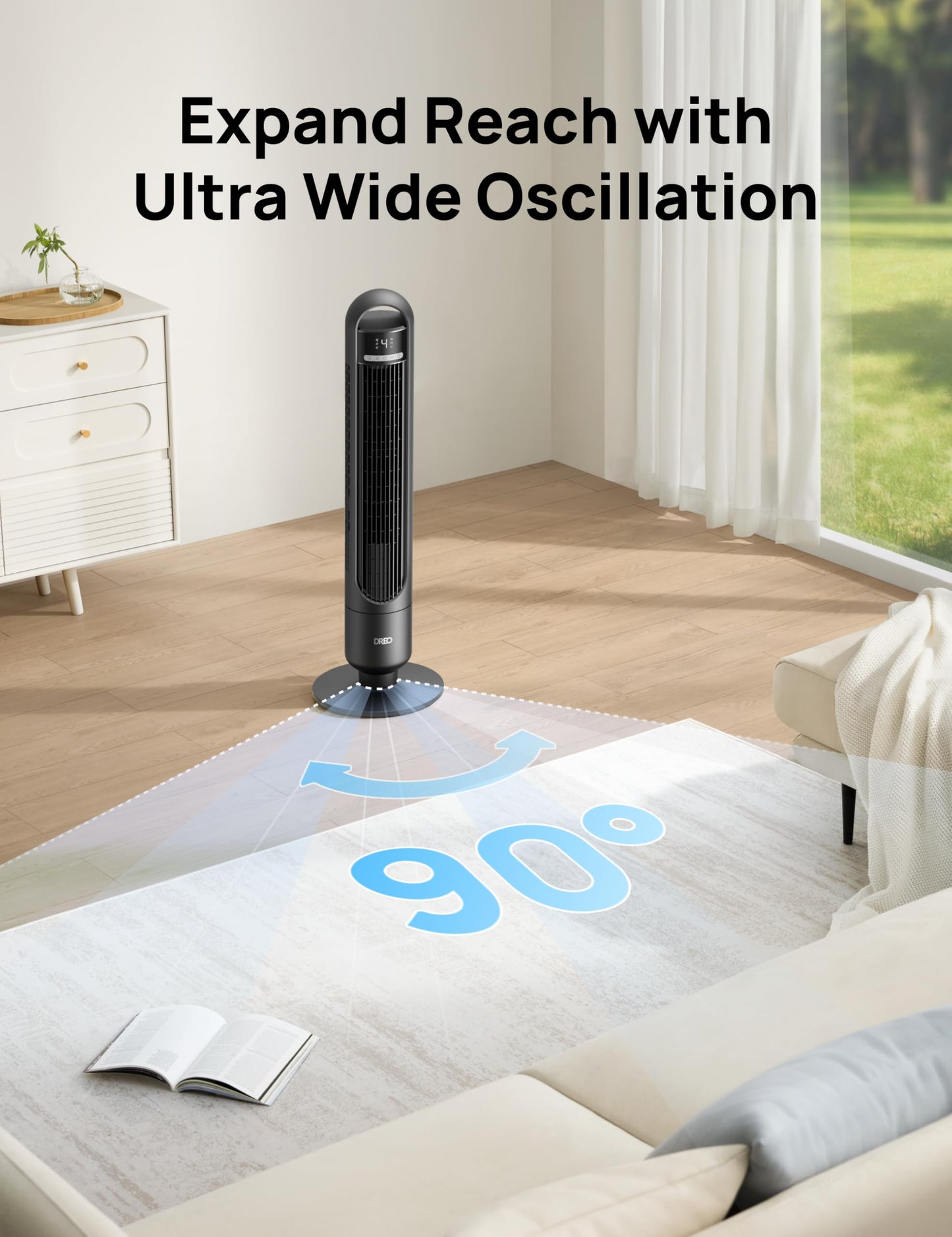DREO Tower Fan for Bedroom, 90° Oscillating Standing Fans for Room with 4 Speeds, 3 Modes, 28dB Quiet for Sleep, 25ft/s Velocity, 8H Timer, Remote, Living Room, Office, Home, TF117