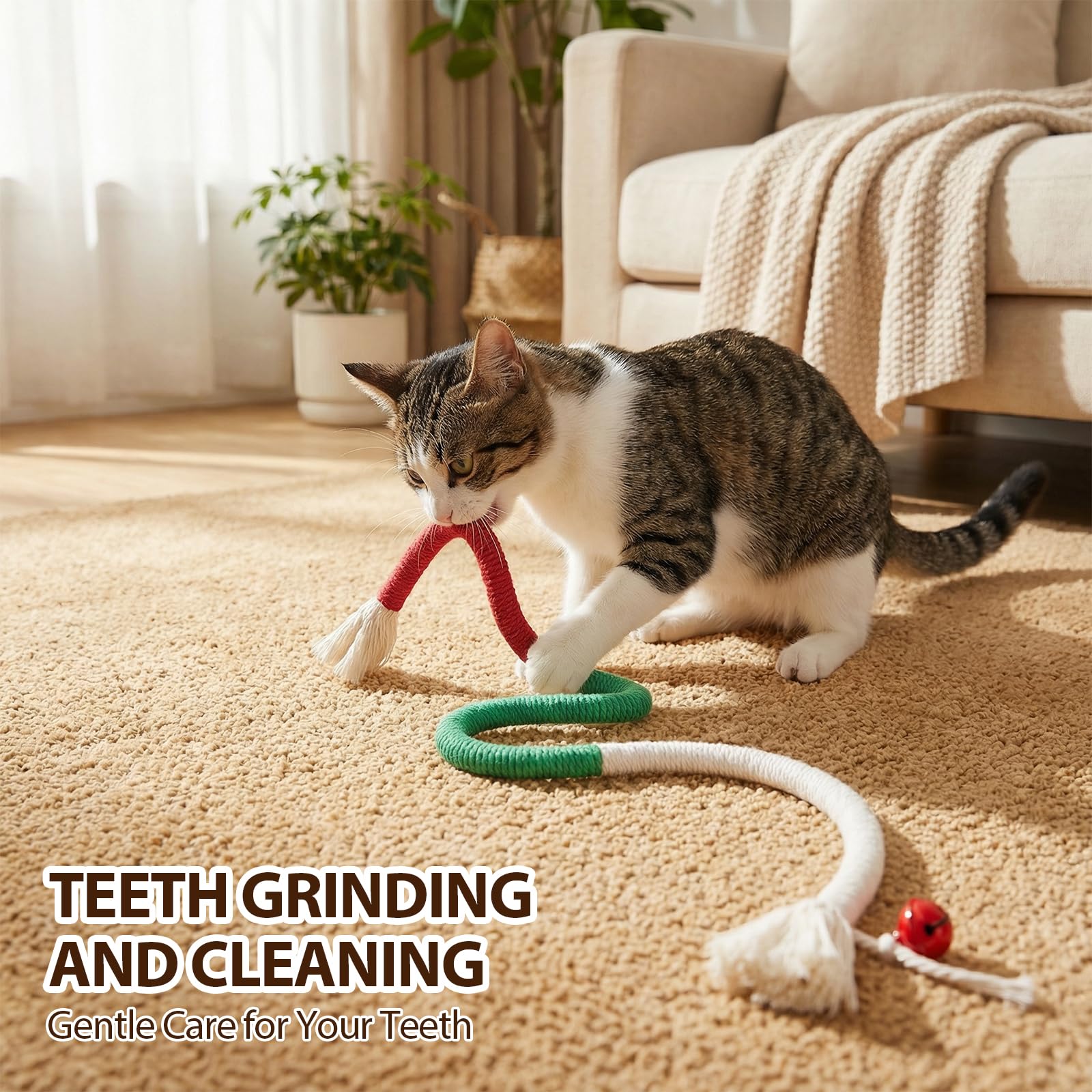 Shudyear 3 Pack Cat Chew Rope Toys with Bell for Indoor Cats, Cotton Cat Rope Toy for Biting and Kicking, Cat Biting Toys for Interactive Play and Teeth Cleaning