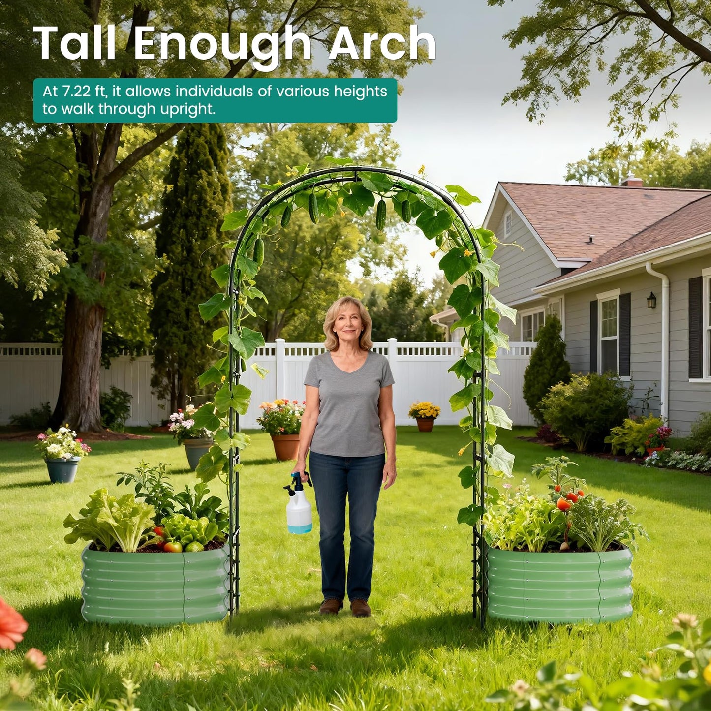 DoCred Raised Garden Bed with 87in Tall Arch Trellis for Climbing Plants, Galvanized Planter Garden Box Outdoor for Gardening, Climbing Vegetables, Flower