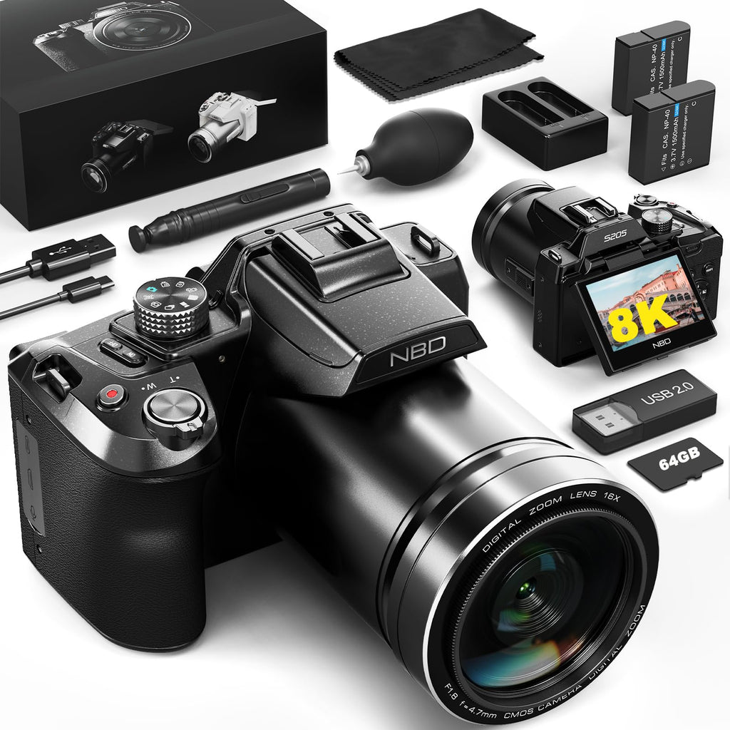 64MP 8K Cameras for Photography with 2.8" Flip Screen & Hot Shoe, 16X Zoom, WiFi, Autofocus – Vlogging Camera for YouTube, Includes 64GB Card & 2 Batteries