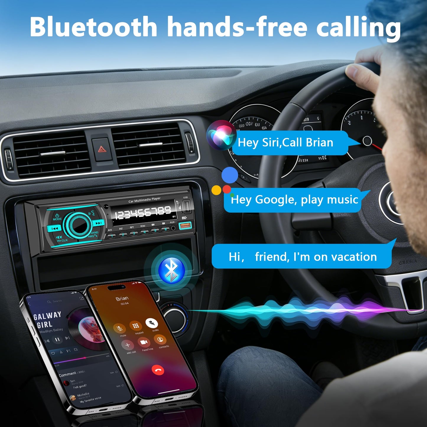 Marine Radio Single DIN Bluetooth Car Stereo System, Boat Radio Receiver Head Unit with Built-in Mic, Digital LCD, FM, EQ, MP3, RCA, USB, TF Card & Remote Control for Audio Upgrade