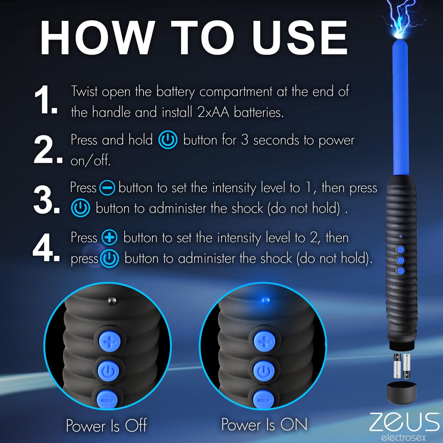 ZEUS ELECTROSEX Shock Rod E-Stim Zapping Wand for Men, Women, & Couples. Two Level of Pinpoint Shock, Easy Grip Handle, Sensory Play, 1 Piece, Blue.