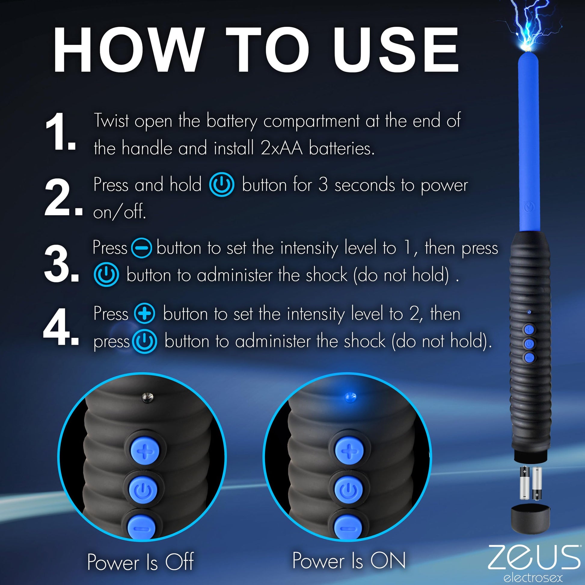 ZEUS ELECTROSEX Shock Rod E-Stim Zapping Wand for Men, Women, & Couples. Two Level of Pinpoint Shock, Easy Grip Handle, Sensory Play, 1 Piece, Blue.