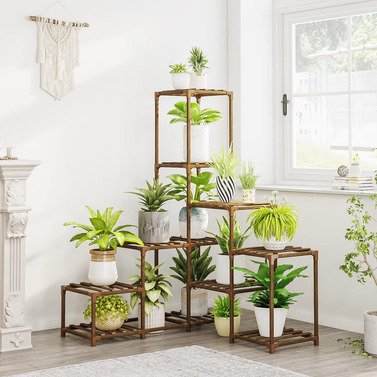 Bamworld Wood Plant Stand - Indoor/Outdoor Hanging Shelf for Multiple Plants, Tall Large Holder for Living Room, Patio, Balcony, Garden 02Futi