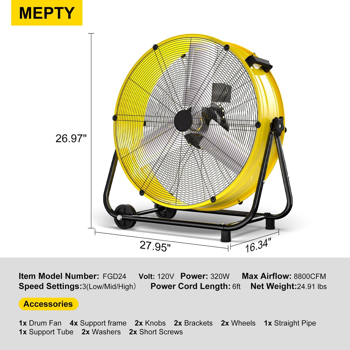 MEPTY High Velocity Industrial Drum Fan, 3 Speed Floor Fan Heavy Duty Metal Air Circulator for Warehouse, Workshops, Garage, Factory, Commercial Outdoor Use