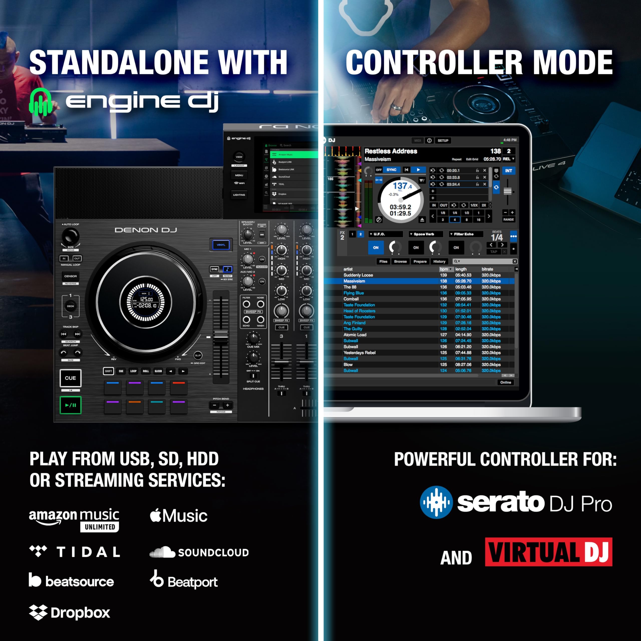 Denon DJ SC LIVE 4 Standalone DJ Controller with Stem Separation on 4-Decks, Wi-Fi Streaming, Build-in Speakers, Serato DJ and Virtual DJ Compatible