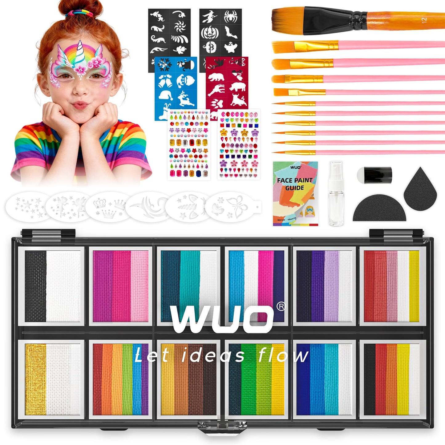 WUO Professional Face Painting Kit for Kids Adults, 12x10g Split Cake Face Paint Palette with Brushes Stencil Sponge One Stroke Non Toxic Rainbow Body Paint Set for Halloween Christmas Makeup