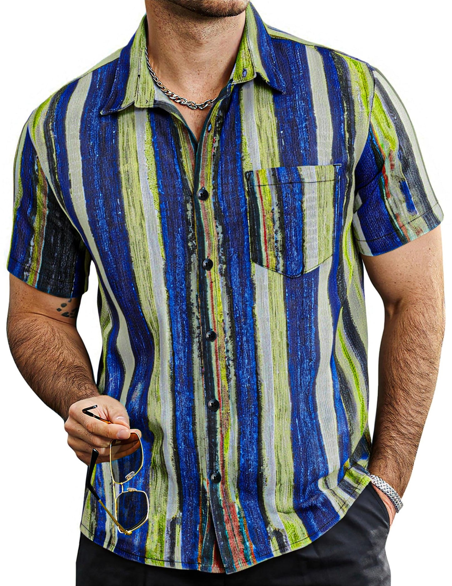 VATPAVE Mens Summer Striped Shirts Button Down Short Sleeve Vintage Beach Hawaiian Shirts with Pocket