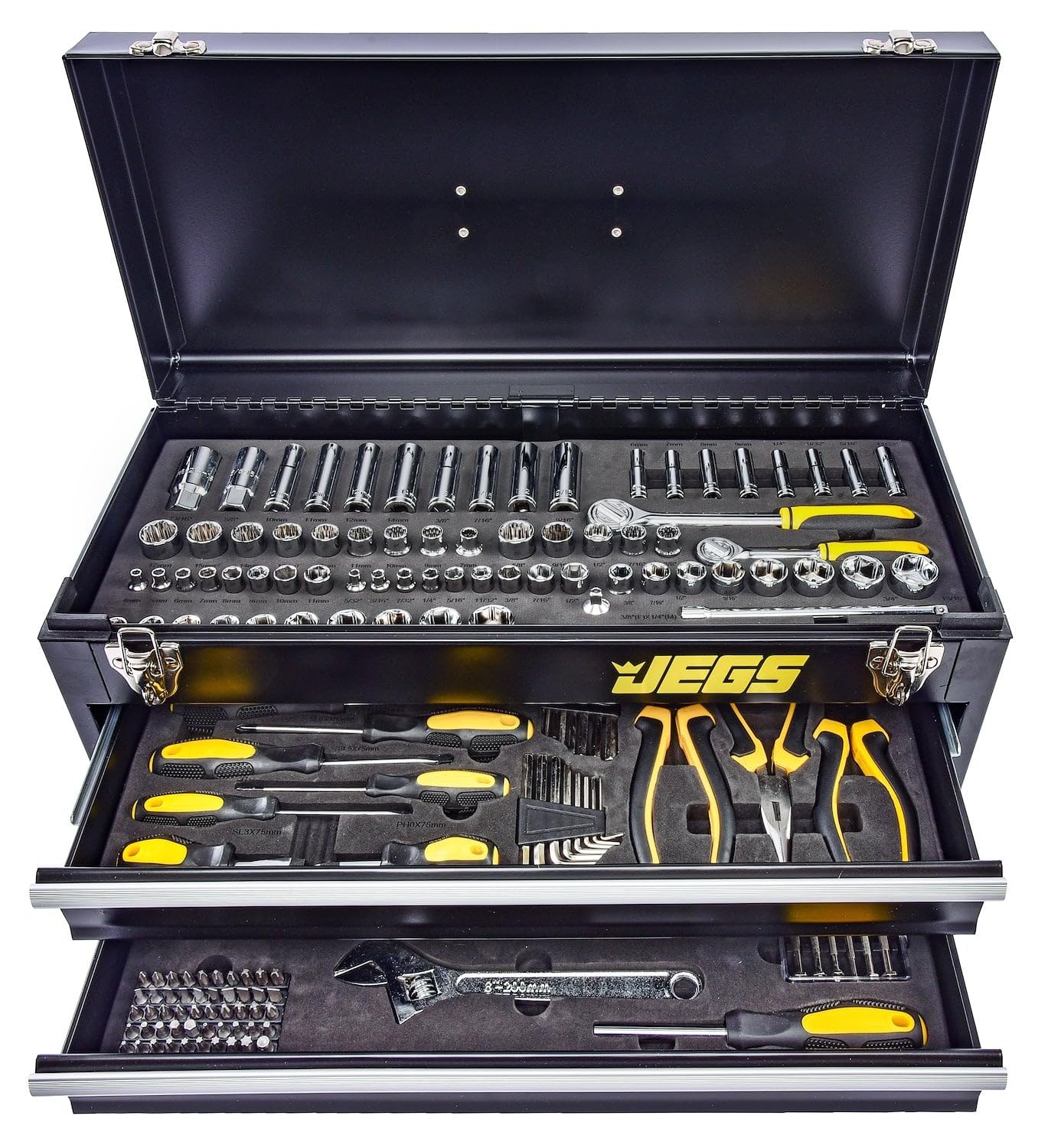 JEGS 170-Piece Mechanic's Tool Set - Includes Black Powder Coated Steel Toolbox, Sockets, Extenders, Ratchets, Wrenches, Screwdrivers, Pliers & Bits