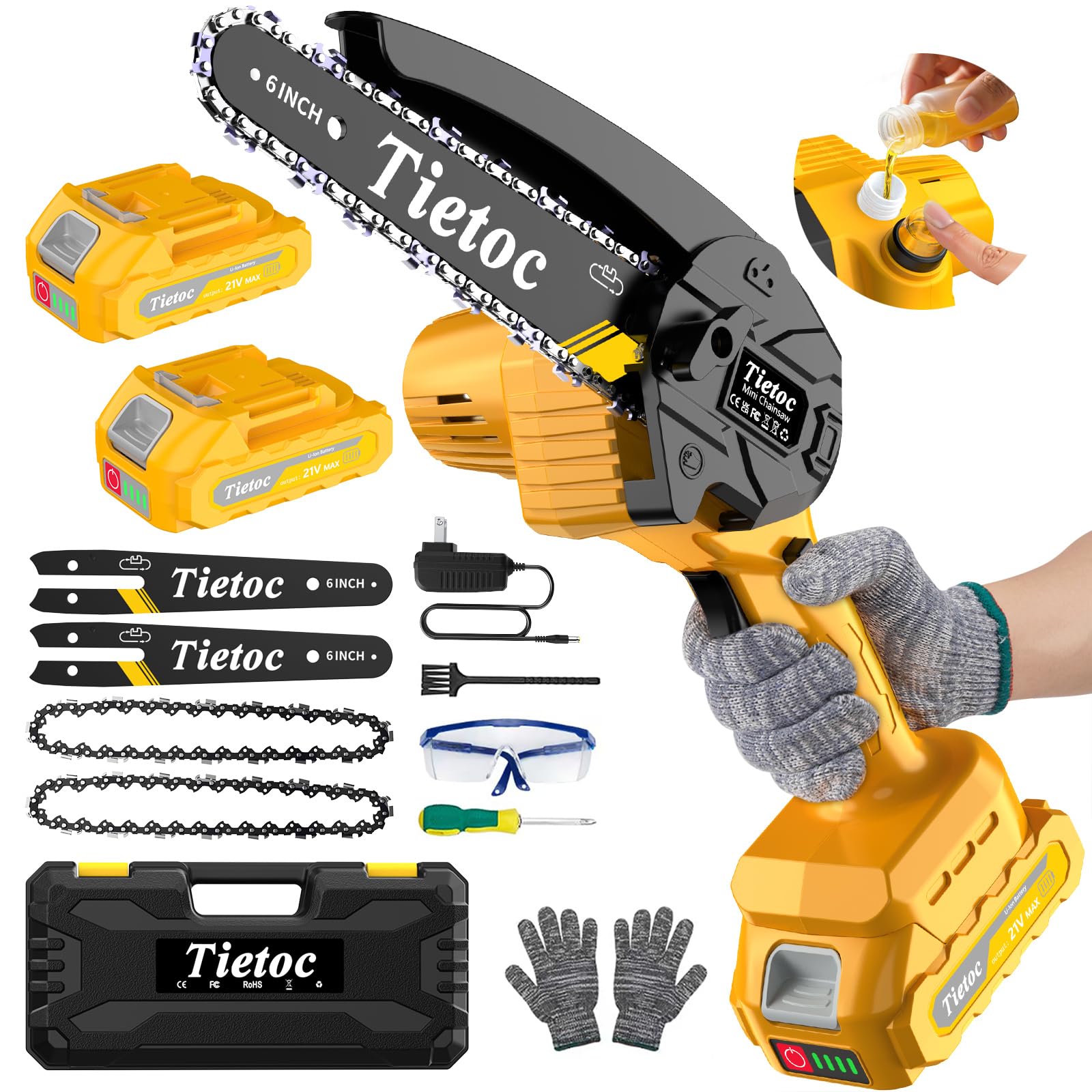 Mini Chainsaw Cordless, 8 Inch & 6 Inch Portable Electric Chainsaw,Battery Powered Handheld Power Chain Saw with 2 Batteries and Auto Oil