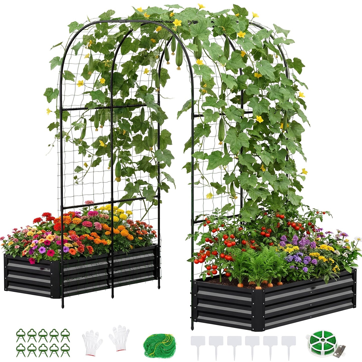DoCred Raised Garden Bed with 87in Tall Arch Trellis for Climbing Plants, Galvanized Planter Garden Box Outdoor for Gardening, Climbing Vegetables, Flower