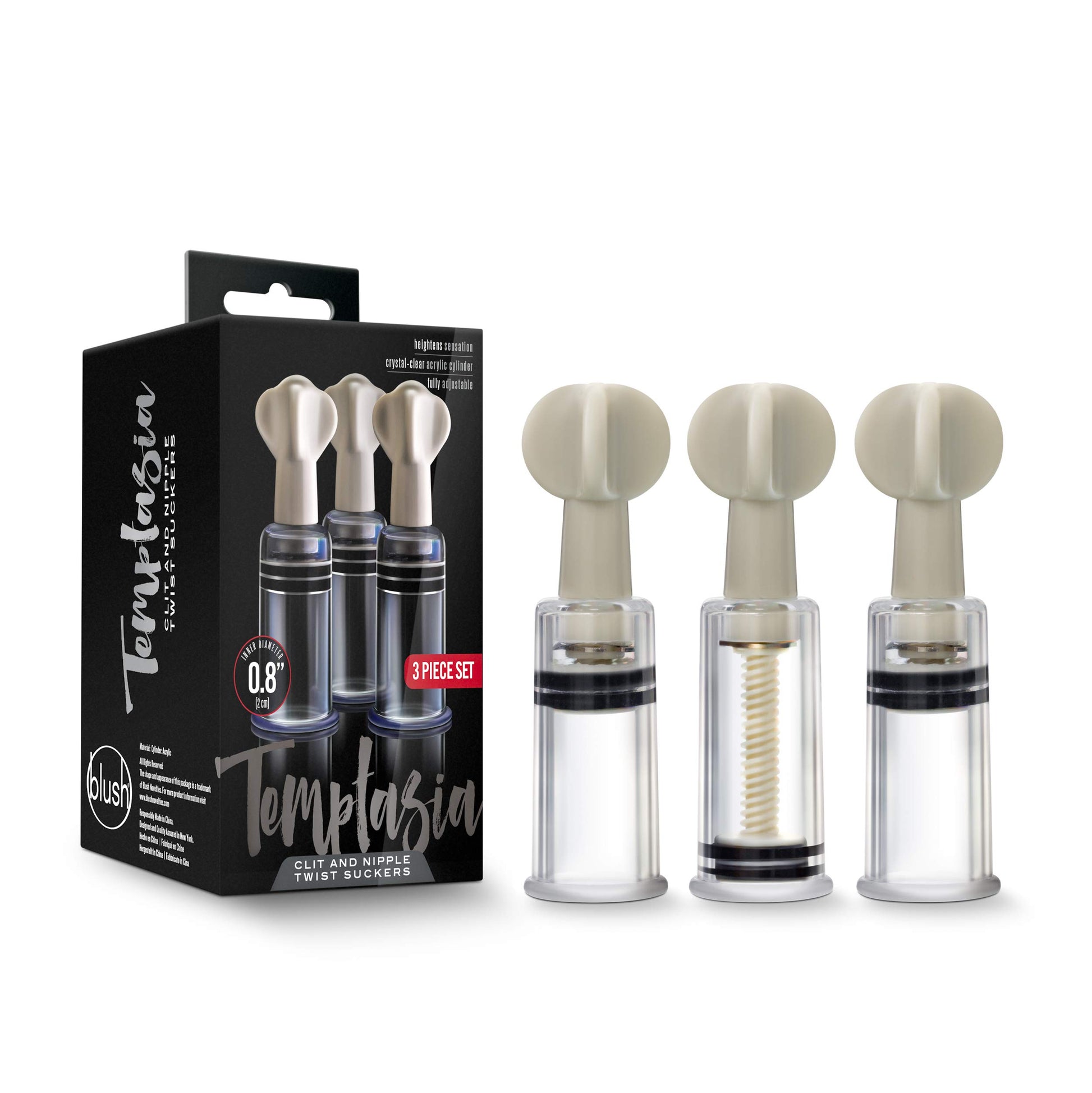 Blush Novelties Temptasia Clit & Nipple Twist Suckers, Set of 3 Adjustable Suckers, Twist to Increase Vacuum, Heighten Sensitivity & Arousal - 1.25" Width Durable Acrylic Cylinders - Sex Toy for Women