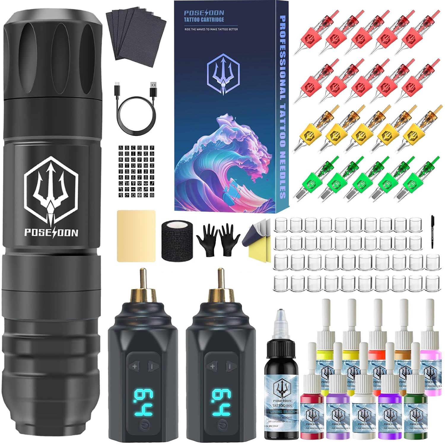 POSEIDON Wireless Tattoo Pen Kit with Batteries and Cartridges