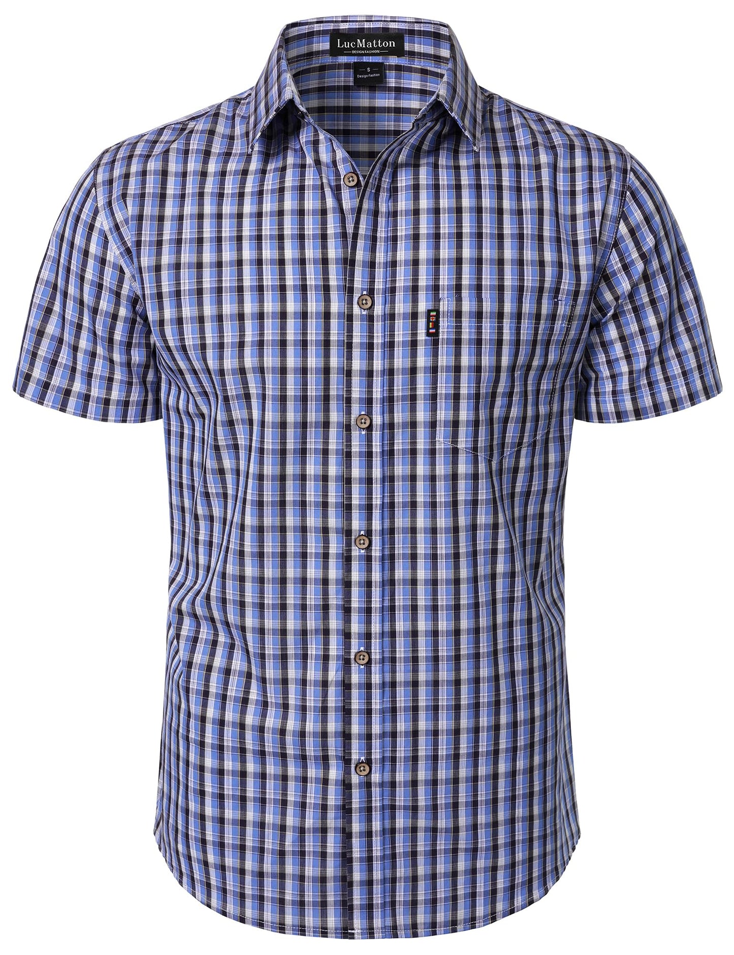 LucMatton Men's Gingham Short Sleeve Button Down Shirt Cotton Regular Fit Plaid Dress Shirts with Pocket