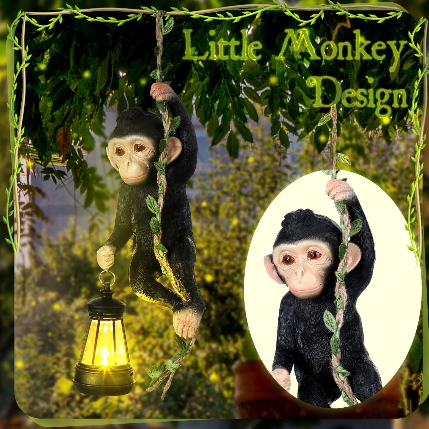 Rossesay Solar Light Outdoor Statues 7.48'' H Resin Chimpanzee Baby Monkey Climbing On A 19.68" L Vine with LED Lantern Waterproof Hanging Monkey Figurine with Hook for Yard Garden Wall