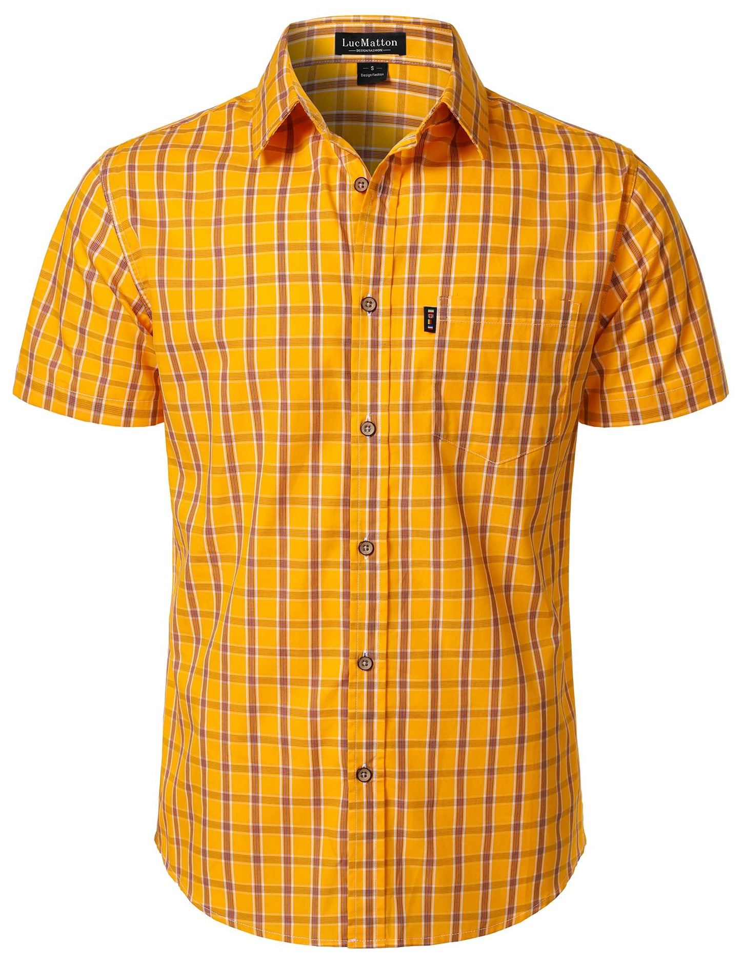 LucMatton Men's Gingham Short Sleeve Button Down Shirt Cotton Regular Fit Plaid Dress Shirts with Pocket