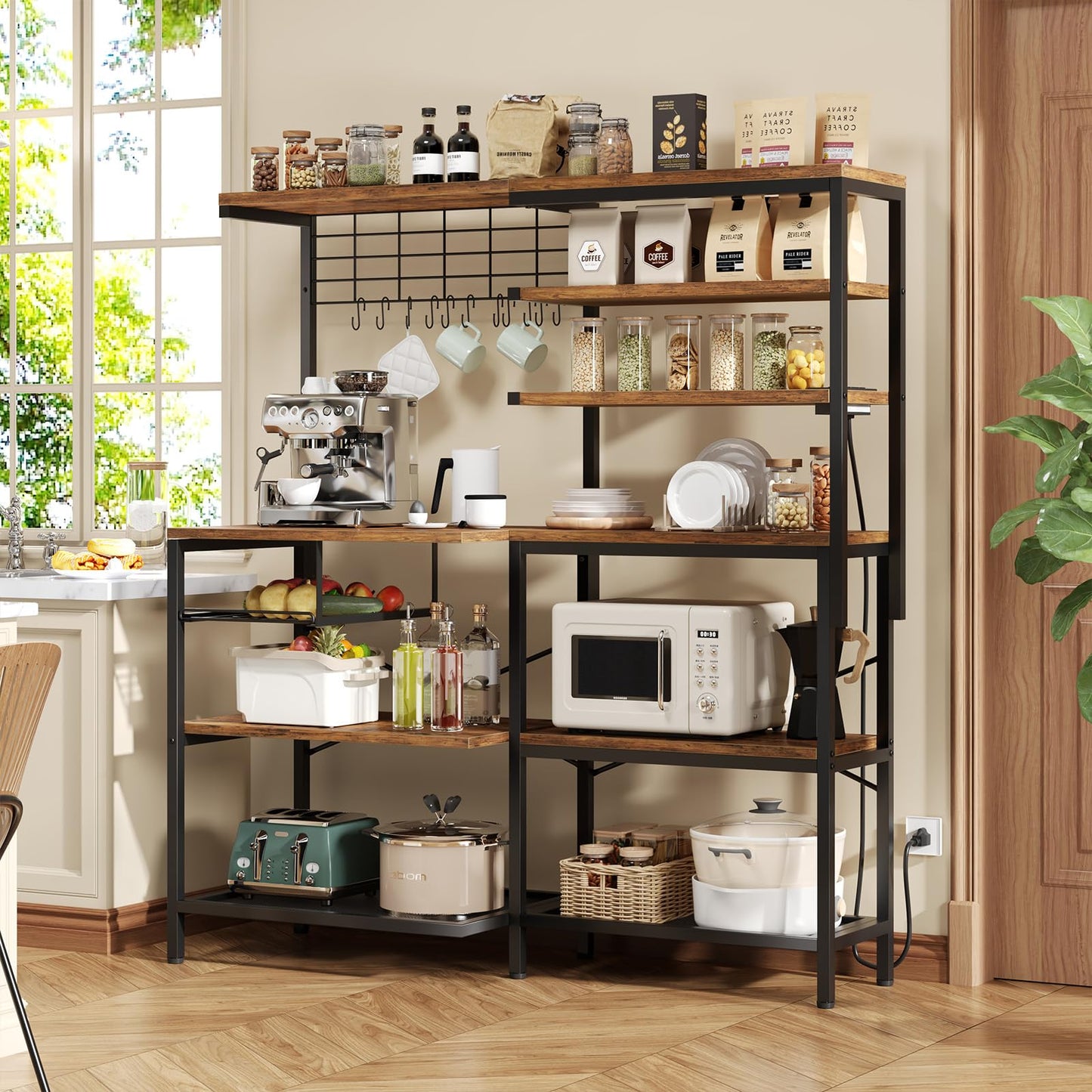 iabifo L-Shaped Bakers Rack with Power Outlet, 6-Tier Microwave Stand with Open Storage, Kitchen Shelf with Hooks,Coffee Bar for Living Room