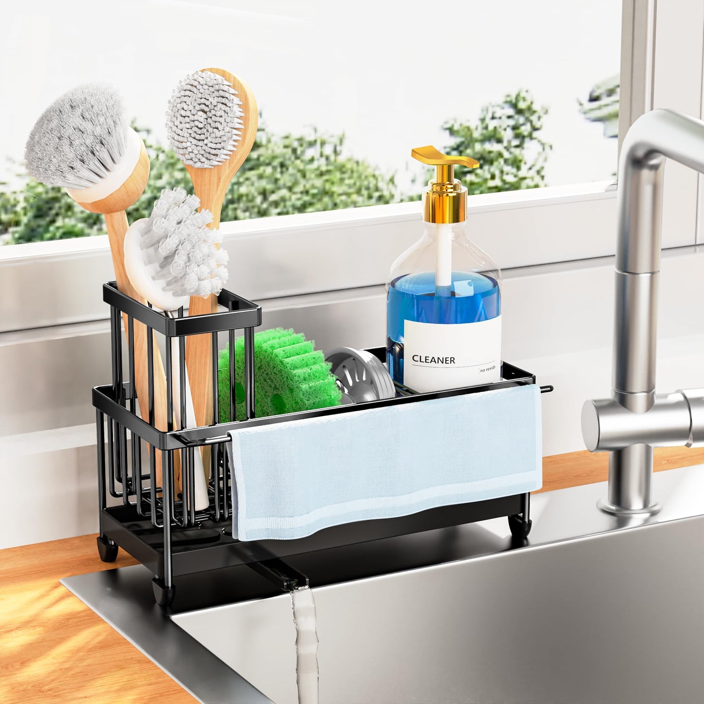 Cisily Sponge Holder for Kitchen Sink, Sink Caddy Organizer with High Brush Holder, Kitchen Countertop Organizers and Storage Essentials, Rustproof 304 Stainless Steel