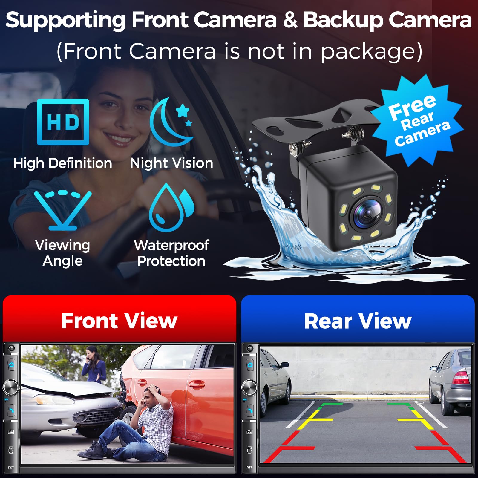 Kissound 7" Double Din Car Stereo with Wireless Apple Carplay & Android Auto, 240W, SWC, Subwoofer Out, Bluetooth, Mirror Link, USB-C/AUX/TF,FM/AM，Car Radio Receiver